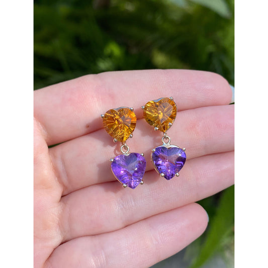 Vintage Solid 14k Yellow Gold Citrine & Amethyst Hearts Dangle Earrings