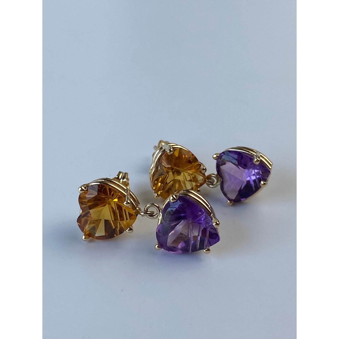 Vintage Solid 14k Yellow Gold Citrine & Amethyst Hearts Dangle Earrings