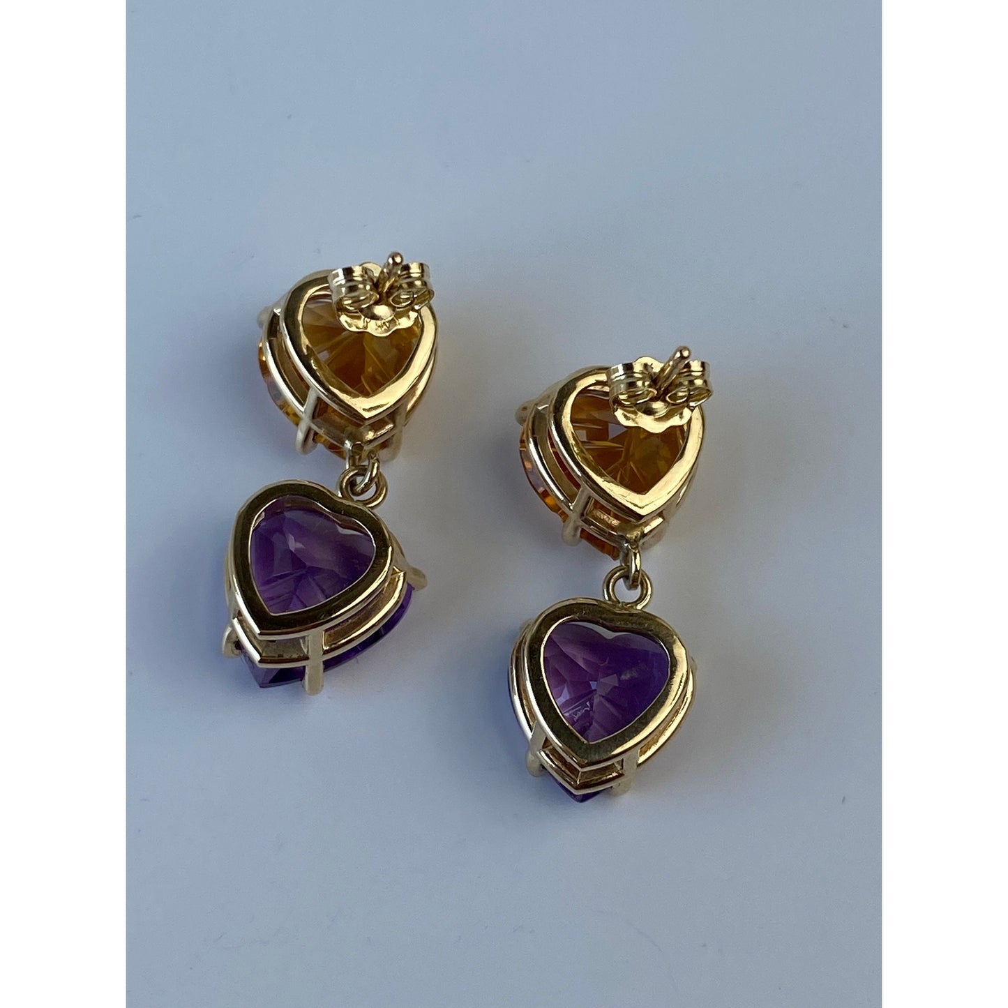 Vintage Solid 14k Yellow Gold Citrine & Amethyst Hearts Dangle Earrings