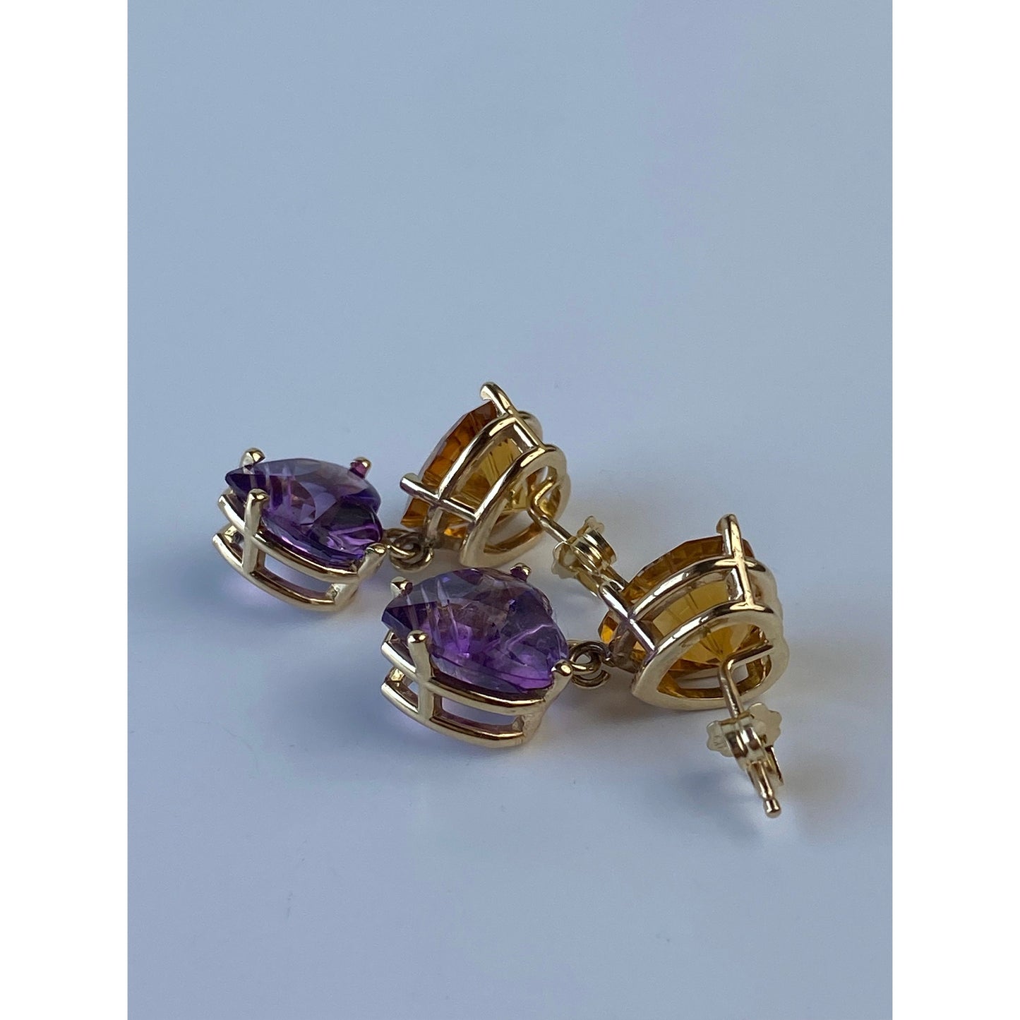 Vintage Solid 14k Yellow Gold Citrine & Amethyst Hearts Dangle Earrings