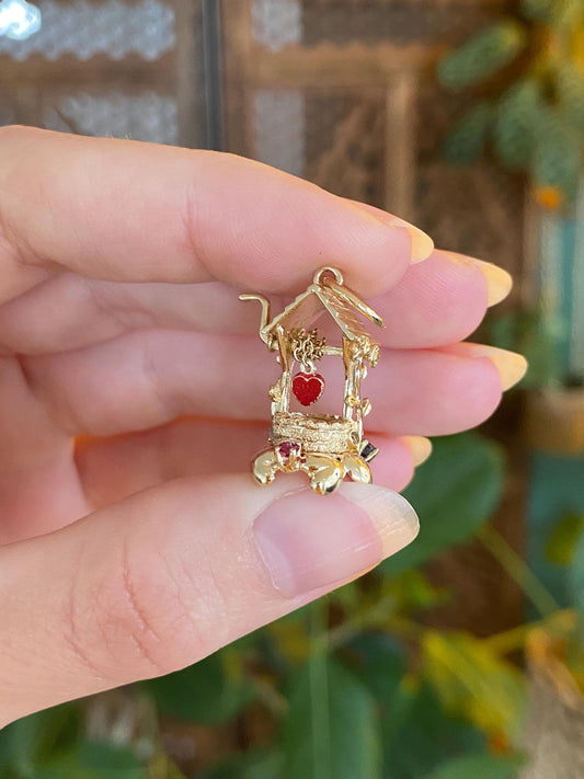 Vintage Solid 14k Yellow Gold Colored Spinel Articulated Heart Well Charm