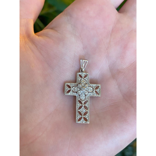 Vintage Solid 10k White Gold Diamond Cross Charm