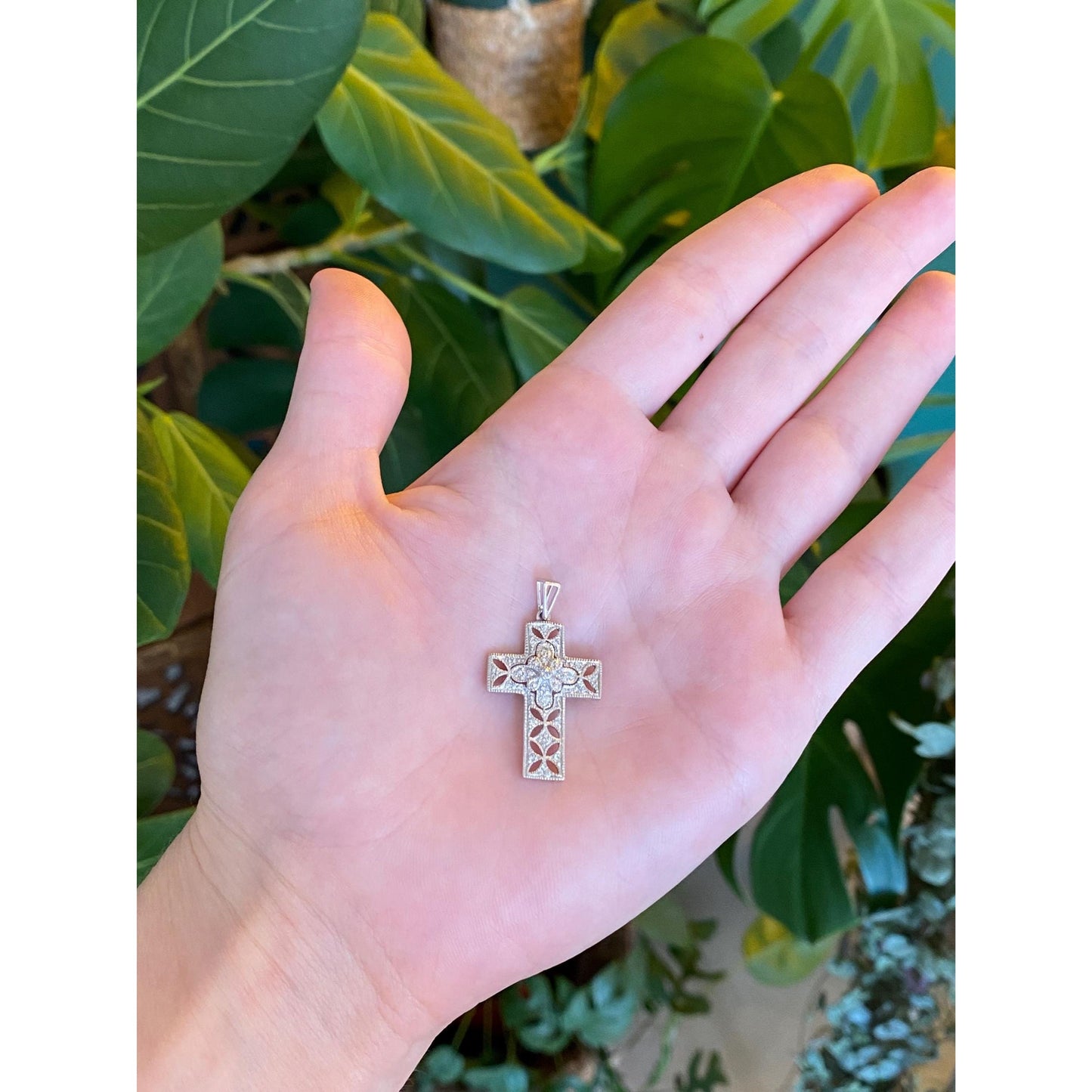 Vintage Solid 10k White Gold Diamond Cross Charm