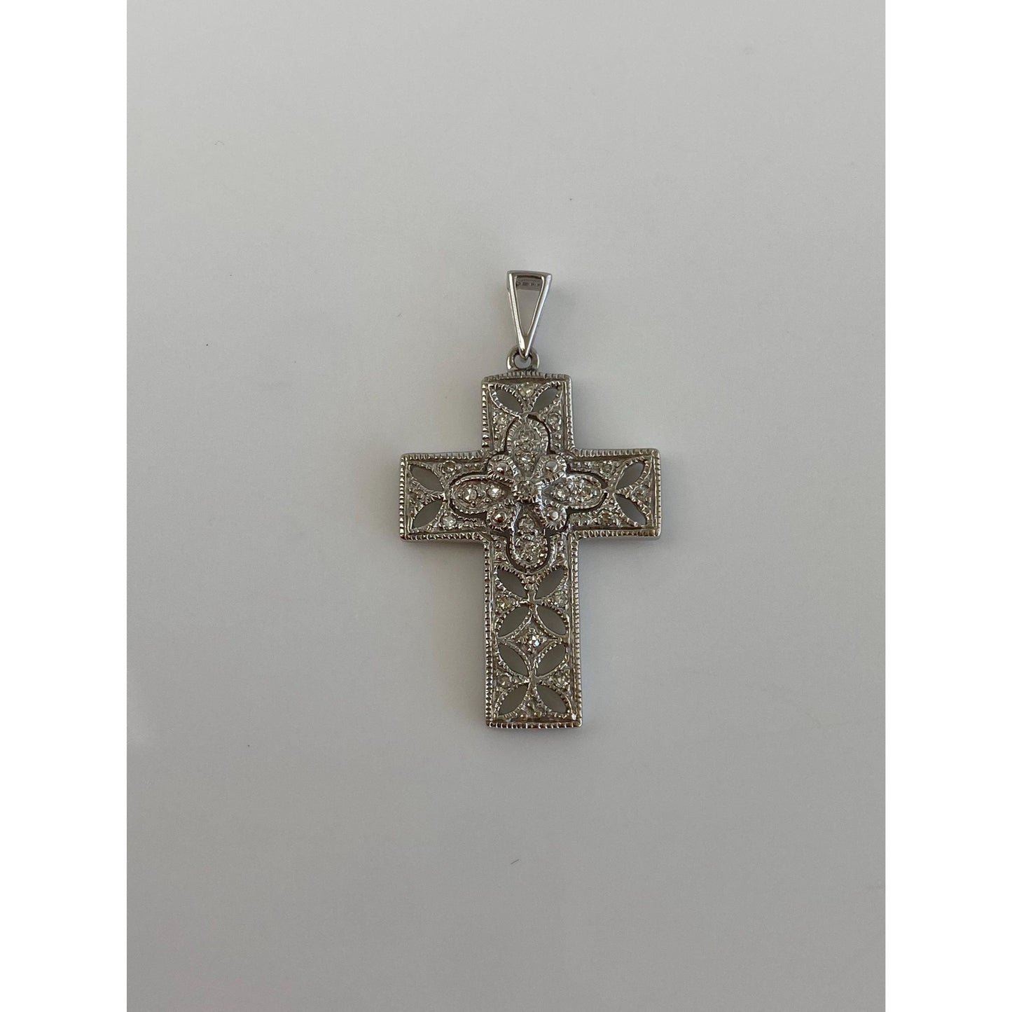 Vintage Solid 10k White Gold Diamond Cross Charm