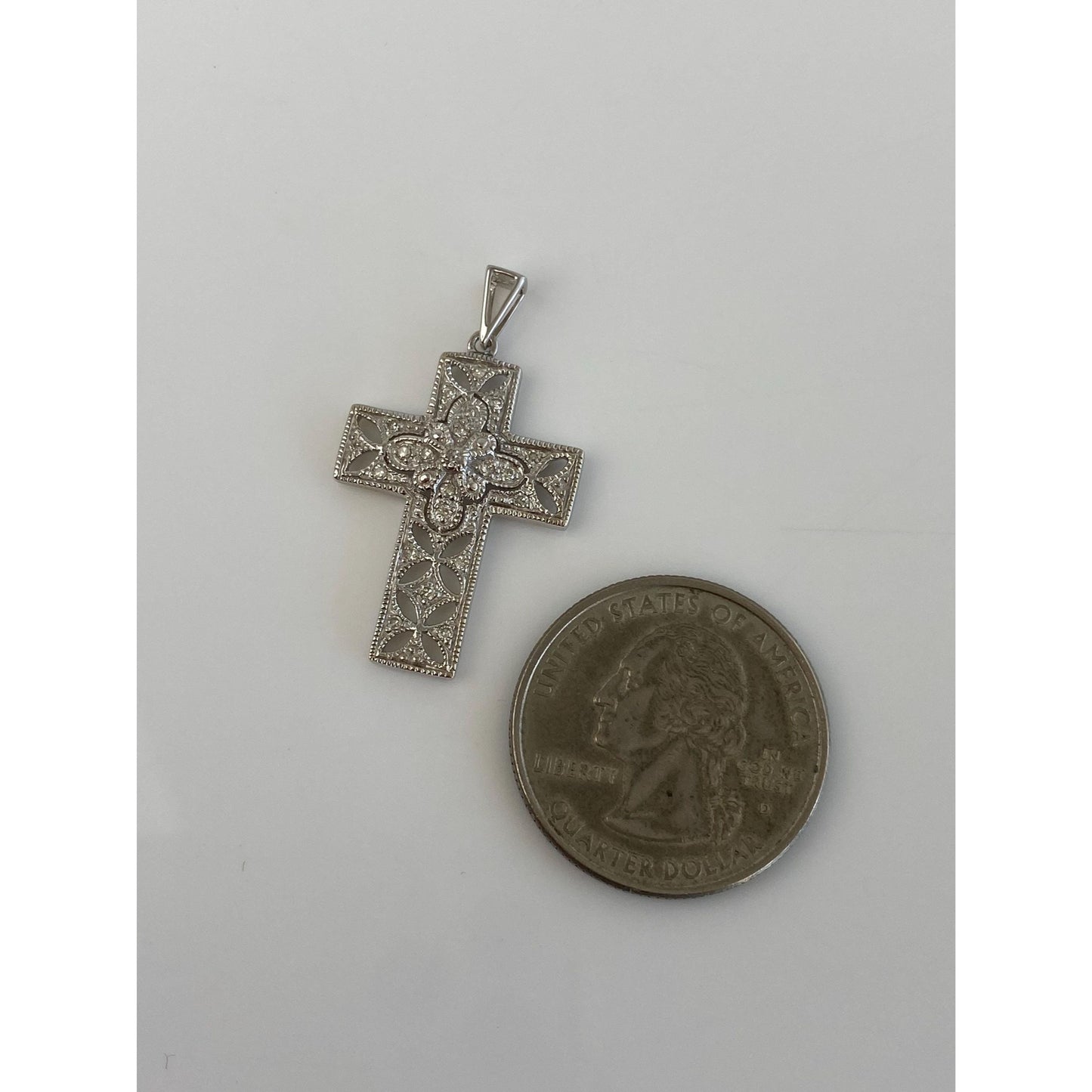 Vintage Solid 10k White Gold Diamond Cross Charm