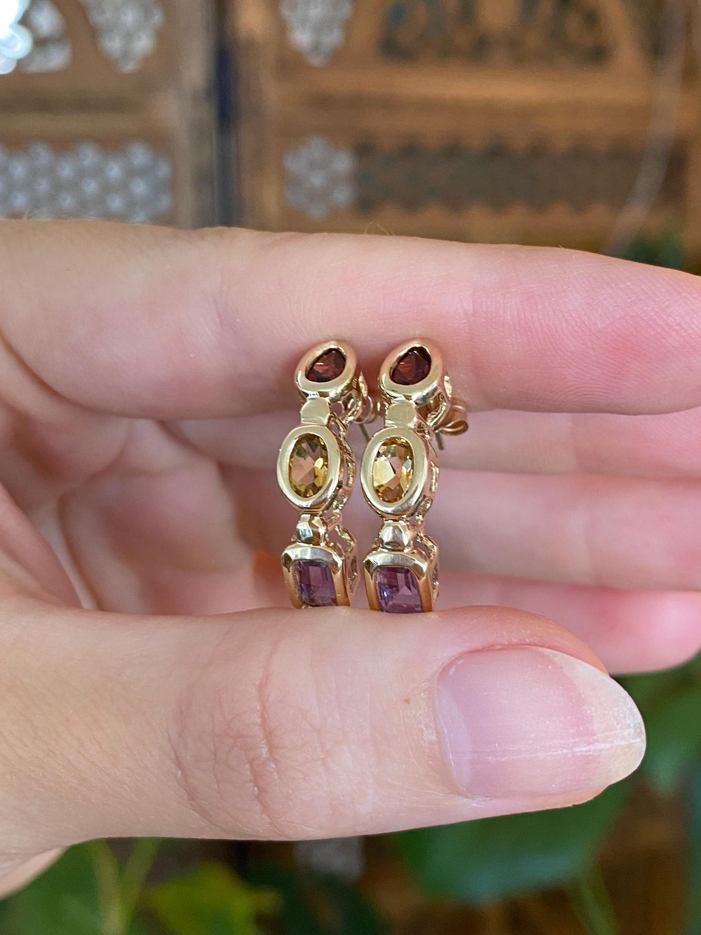 Vintage Solid 10k Yellow Gold Garnet Citrine Amethyst Drop Earrings