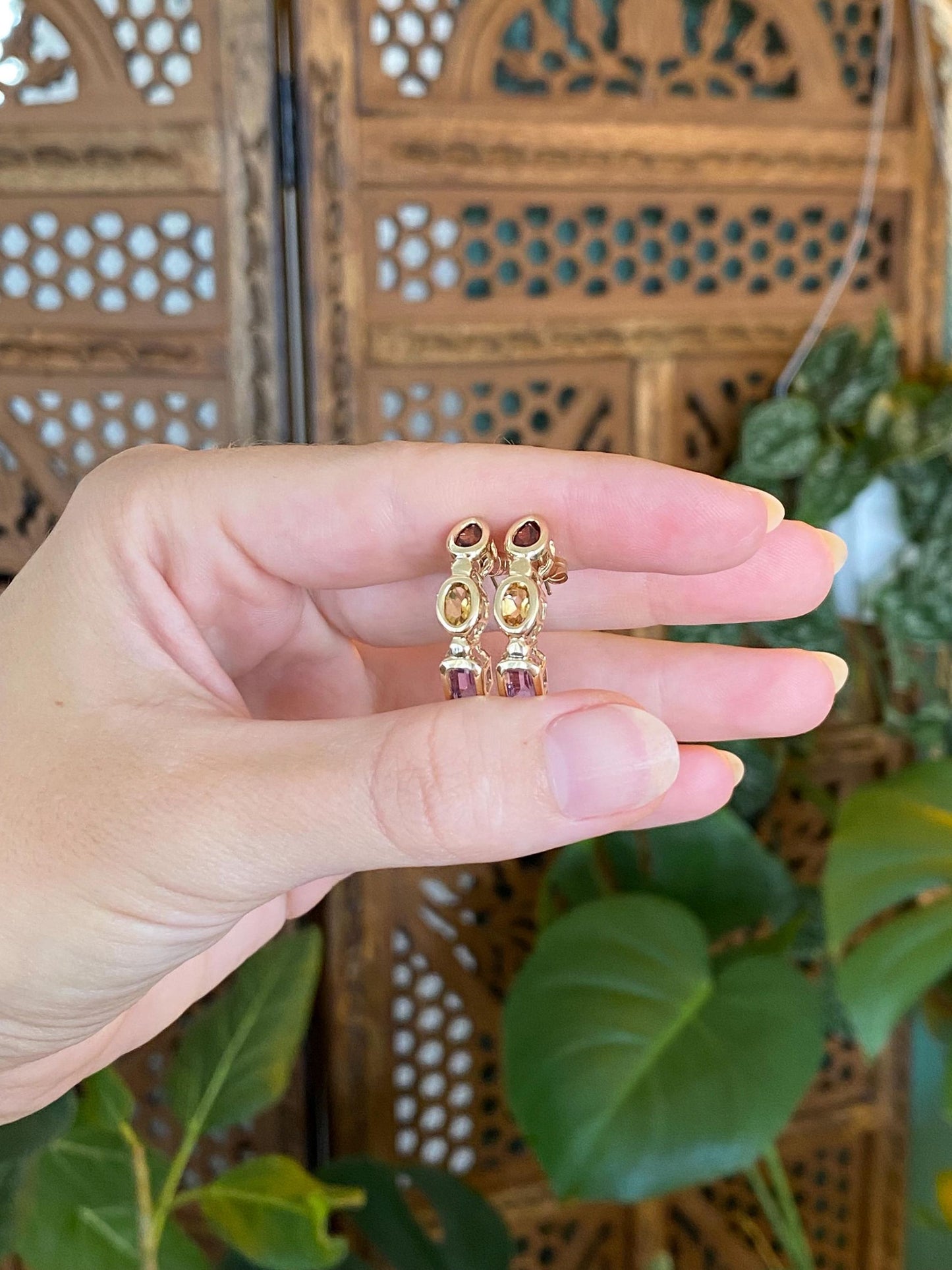 Vintage Solid 10k Yellow Gold Garnet Citrine Amethyst Drop Earrings