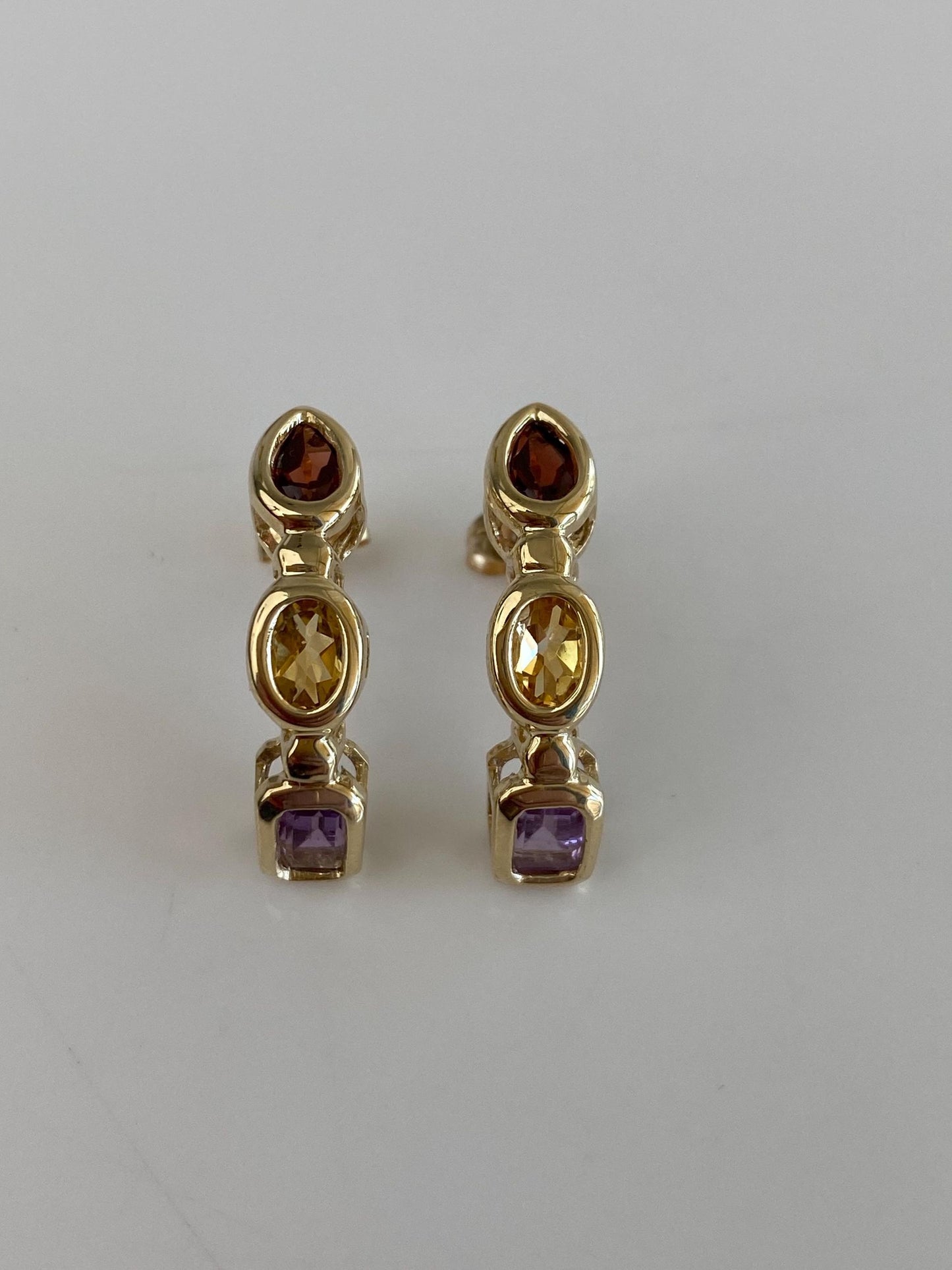 Vintage Solid 10k Yellow Gold Garnet Citrine Amethyst Drop Earrings