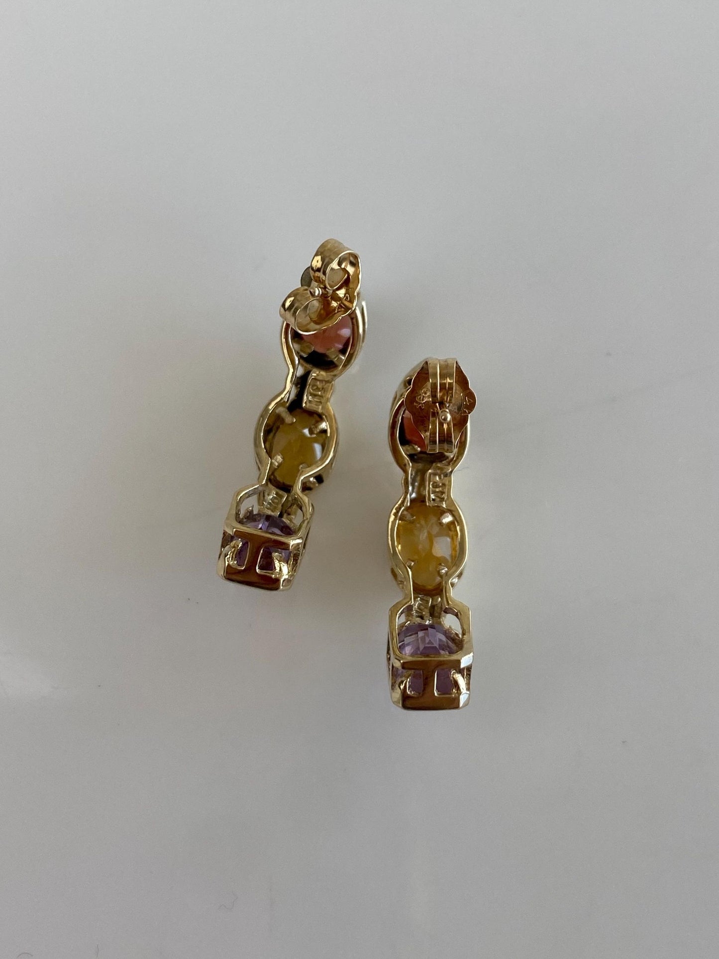 Vintage Solid 10k Yellow Gold Garnet Citrine Amethyst Drop Earrings