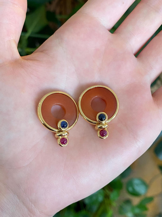 Vintage Solid 18k Yellow Gold Orange Jade Blue & Pink Sapphire Cabochons Hoop Charms