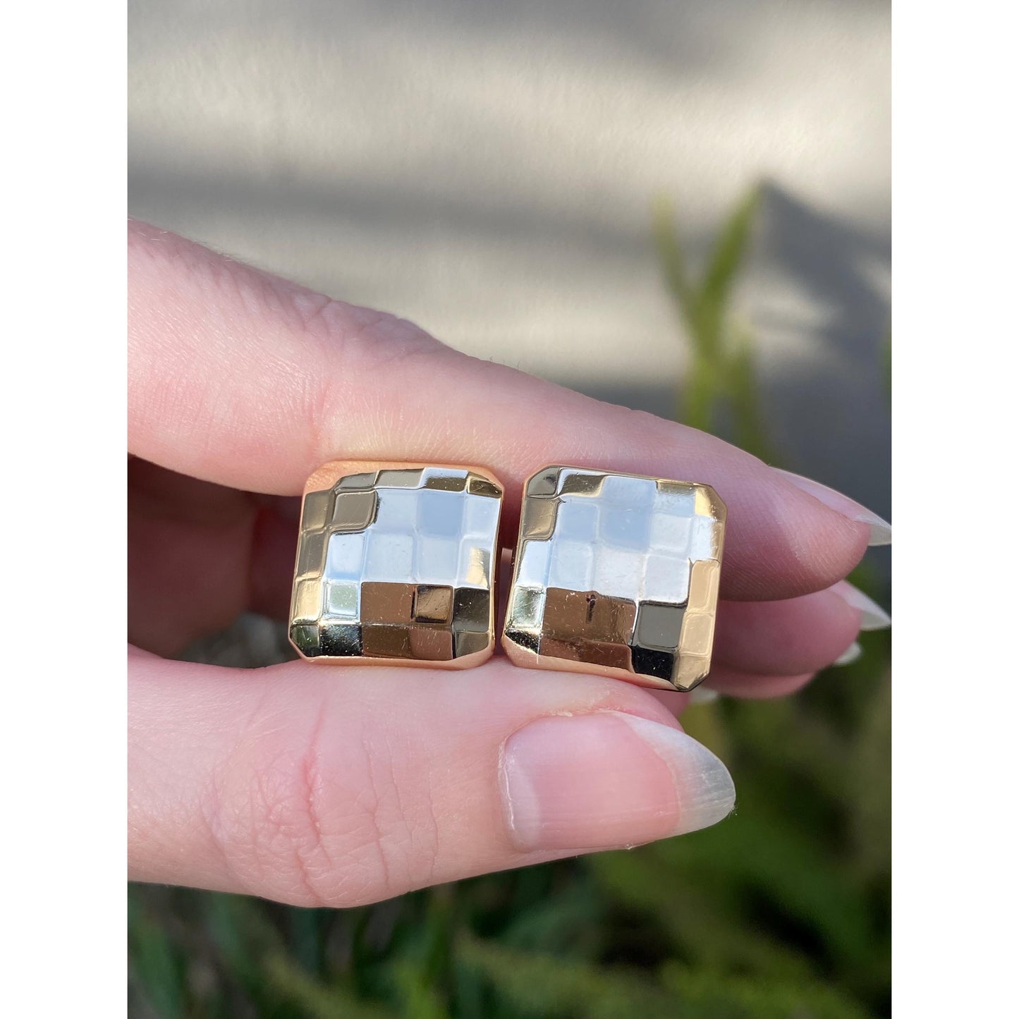Vintage 14k Yellow Gold Faceted Square Disco Stud Earrings