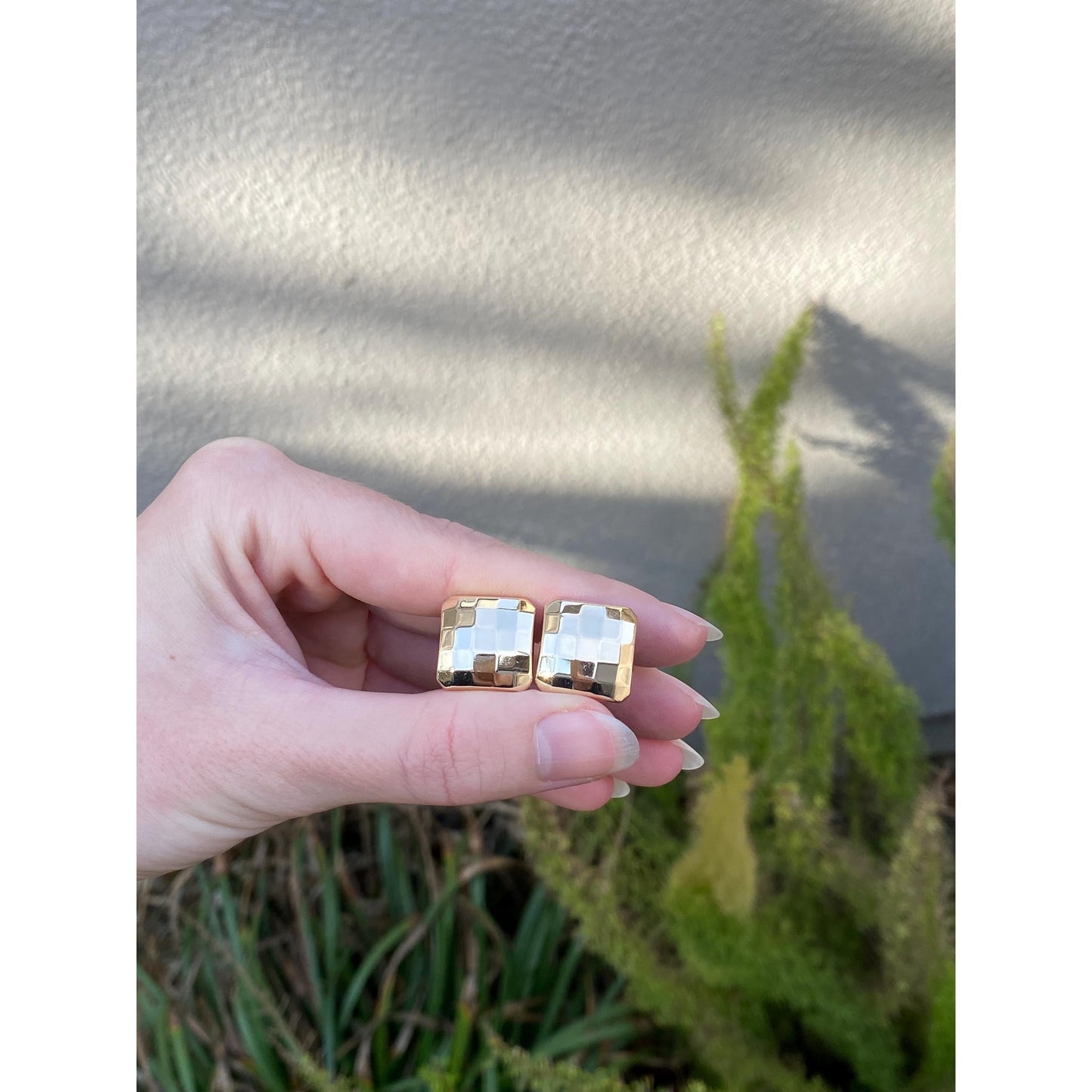 Vintage 14k Yellow Gold Faceted Square Disco Stud Earrings