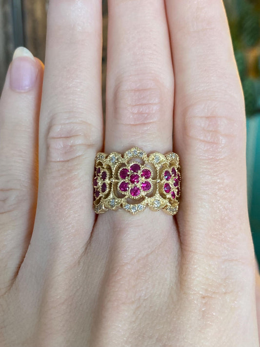 Vintage Solid 14k Yellow Gold Diamond Pink Sapphire Floral Open Work Ring Band - Size 6.75