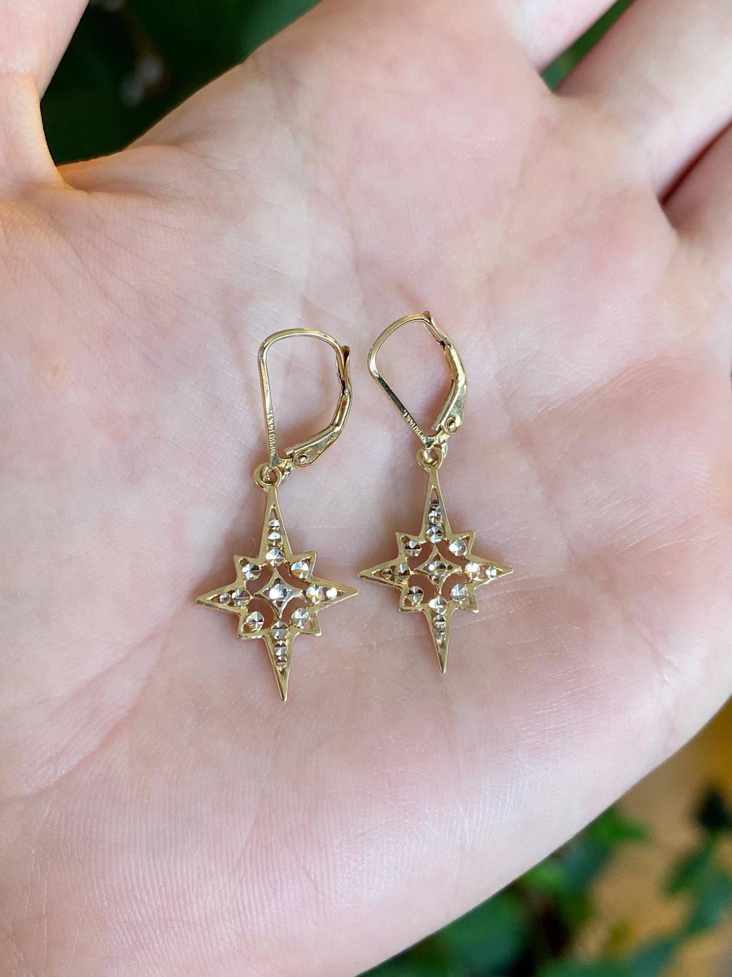 Vintage Solid 14k White & Yellow Gold Diamond Cut North Star Dangle Earrings