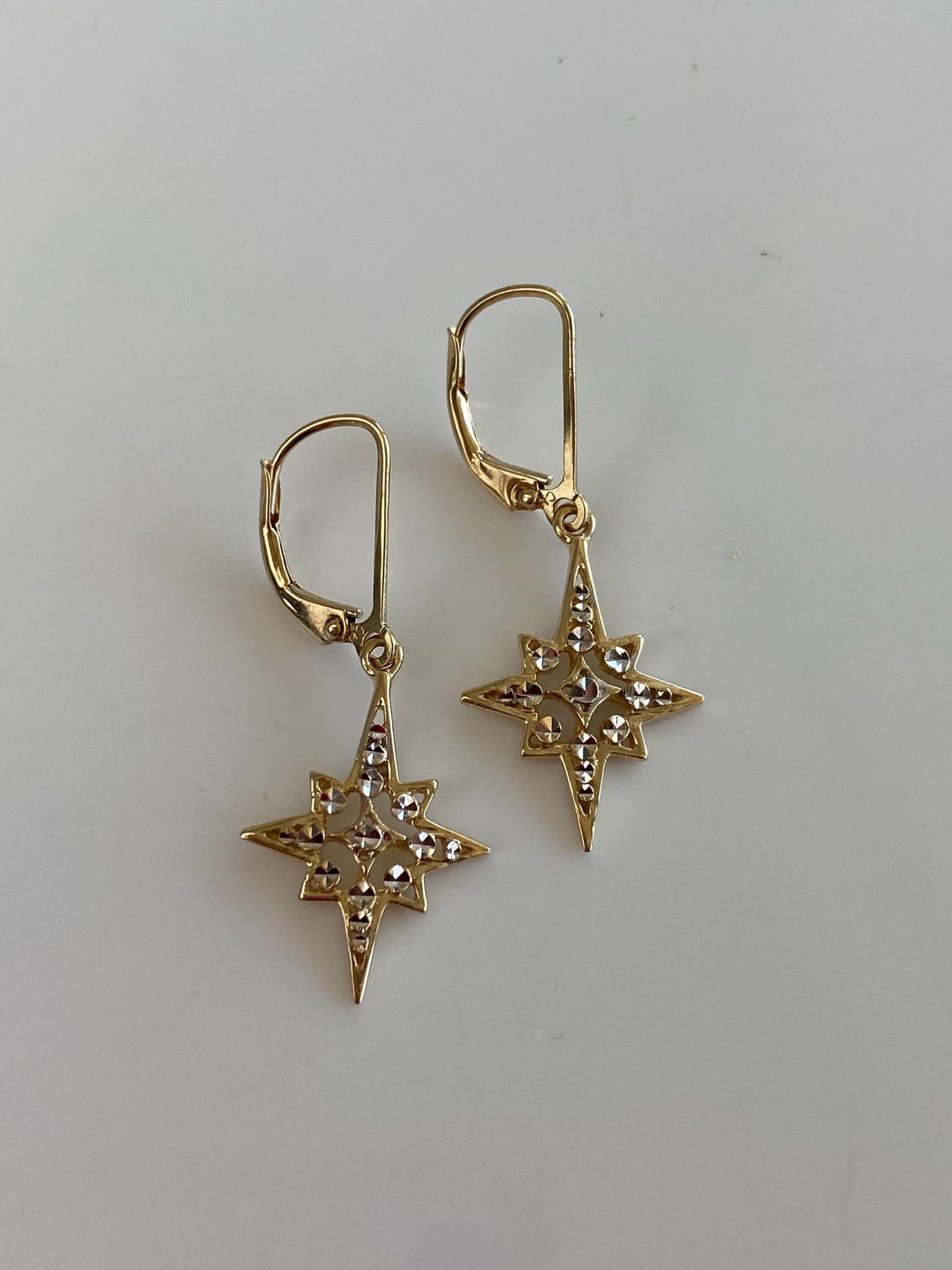 Vintage Solid 14k White & Yellow Gold Diamond Cut North Star Dangle Earrings