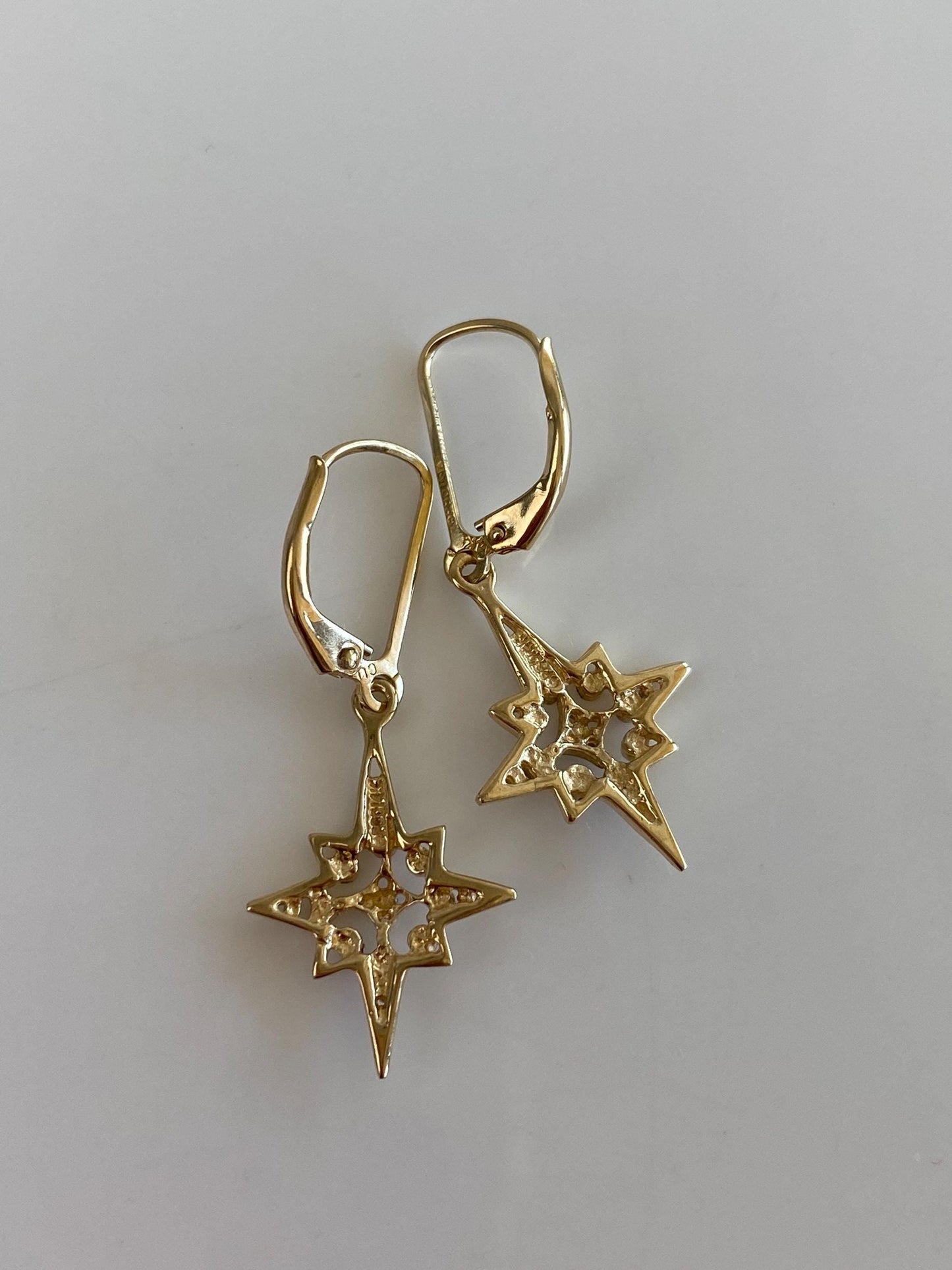 Vintage Solid 14k White & Yellow Gold Diamond Cut North Star Dangle Earrings