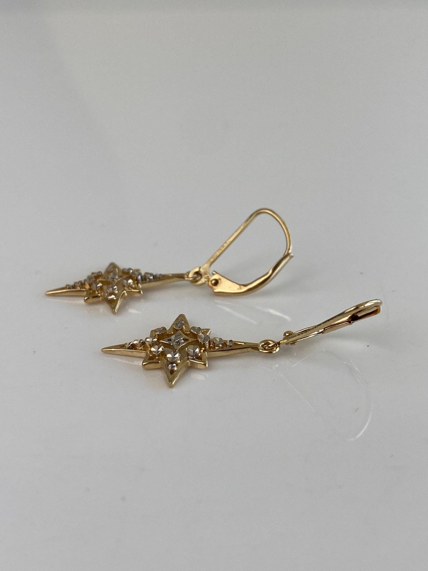 Vintage Solid 14k White & Yellow Gold Diamond Cut North Star Dangle Earrings