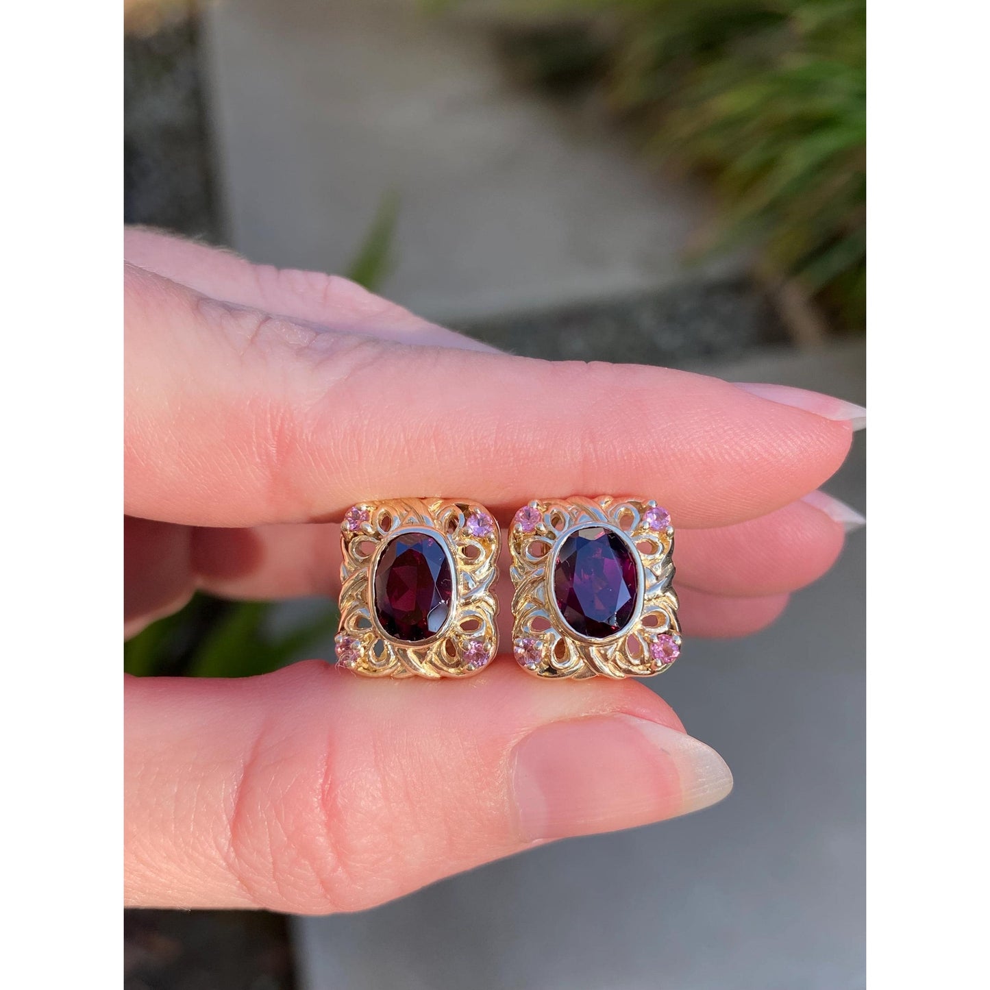 Vintage Solid 10k Yellow Gold Pink Tourmaline Cubic Zirconia Stud Earrings