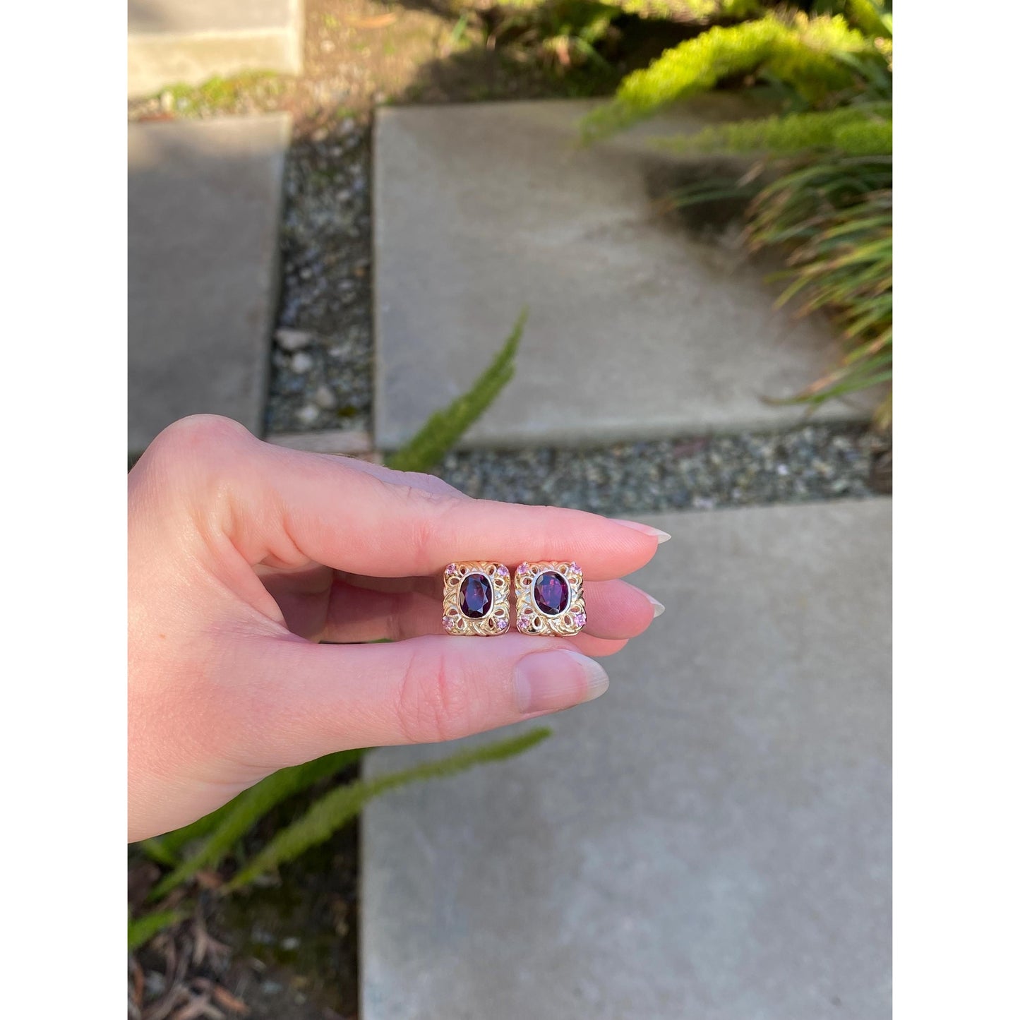 Vintage Solid 10k Yellow Gold Pink Tourmaline Cubic Zirconia Stud Earrings