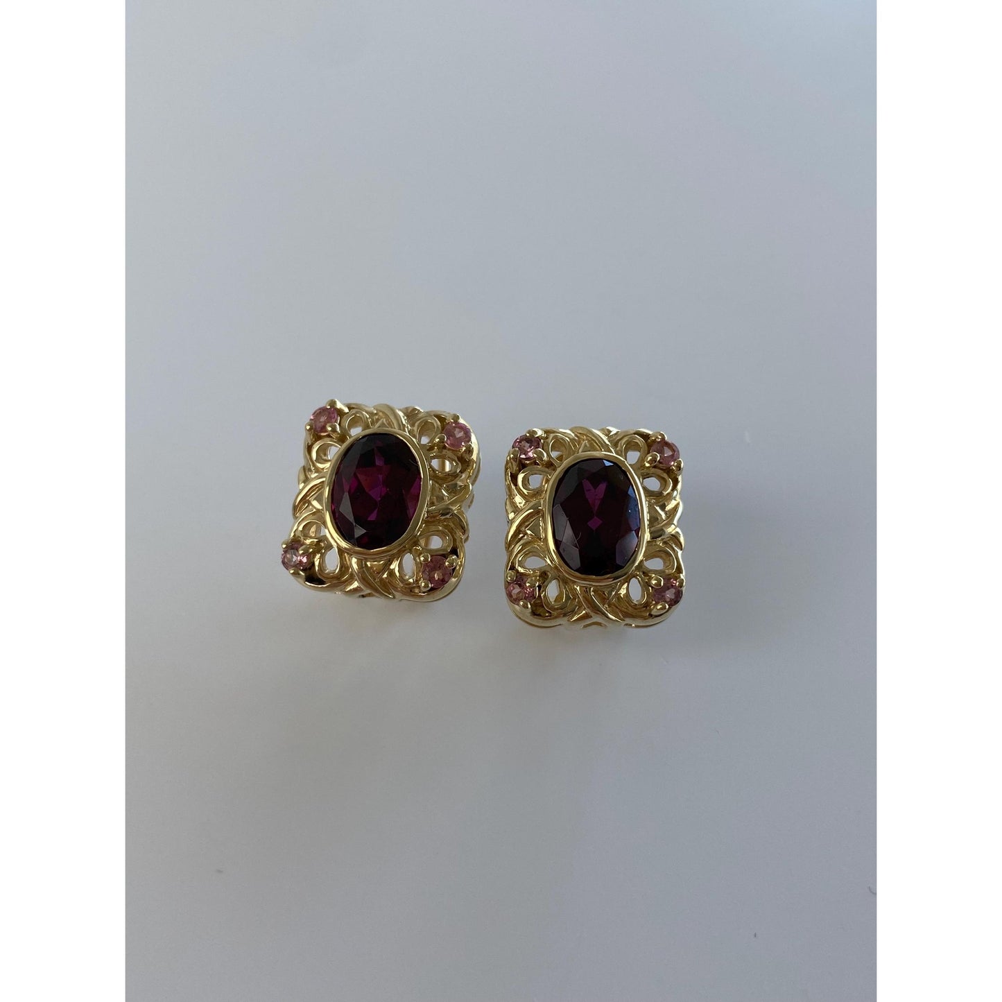 Vintage Solid 10k Yellow Gold Pink Tourmaline Cubic Zirconia Stud Earrings