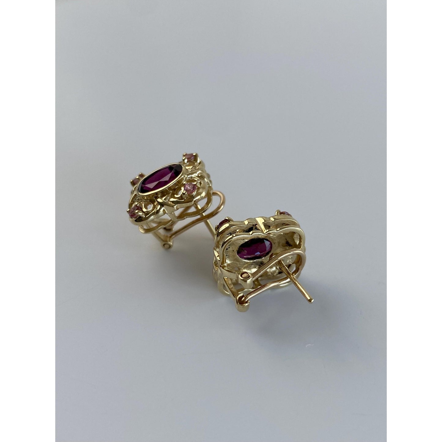 Vintage Solid 10k Yellow Gold Pink Tourmaline Cubic Zirconia Stud Earrings