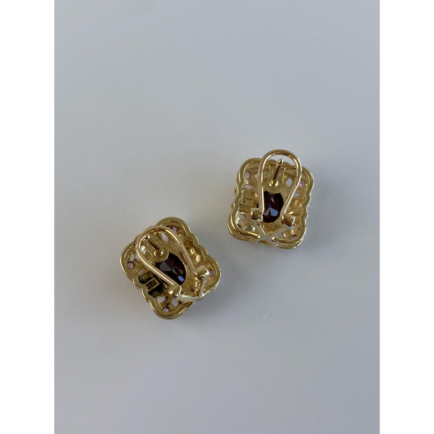 Vintage Solid 10k Yellow Gold Pink Tourmaline Cubic Zirconia Stud Earrings