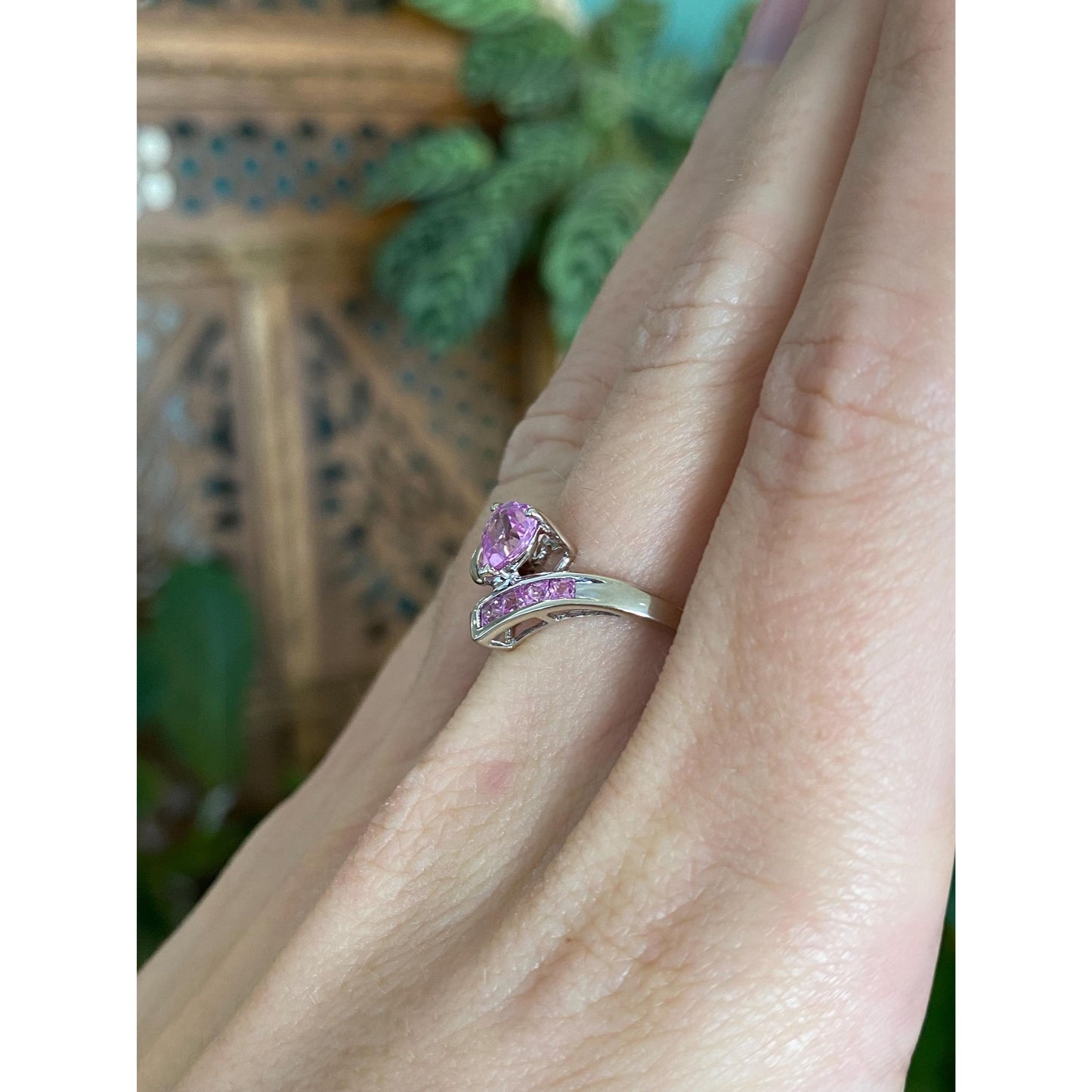 Vintage Solid 10k White Gold Pink Sapphire Heart Ring - Size 7.75