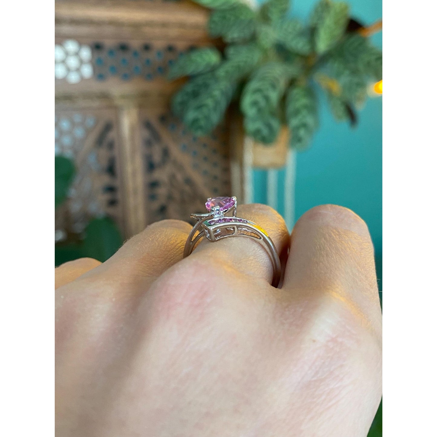 Vintage Solid 10k White Gold Pink Sapphire Heart Ring - Size 7.75