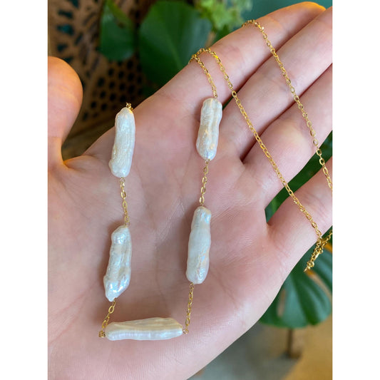 Vintage Solid 14k Yellow Gold Stick Pearl Cable Chain Necklace - 20 inches