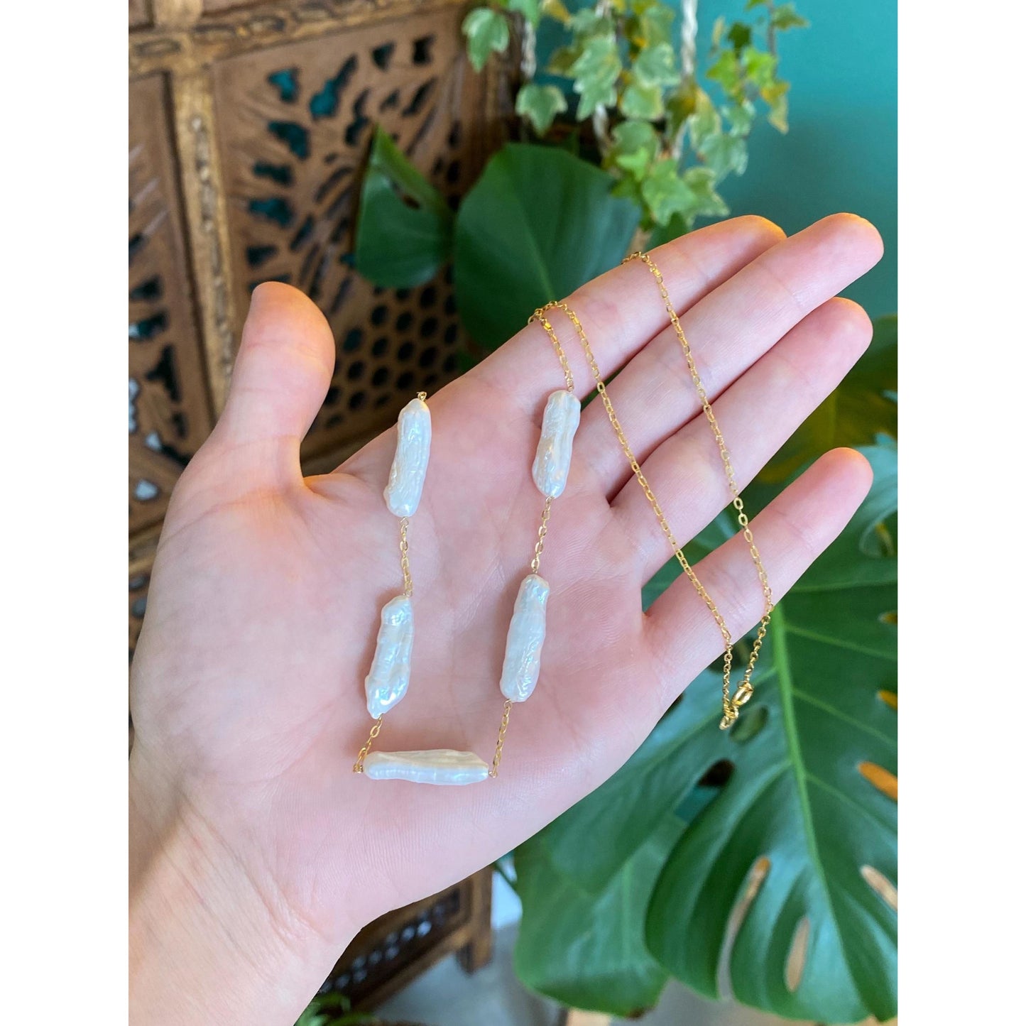 Vintage Solid 14k Yellow Gold Stick Pearl Cable Chain Necklace - 20 inches