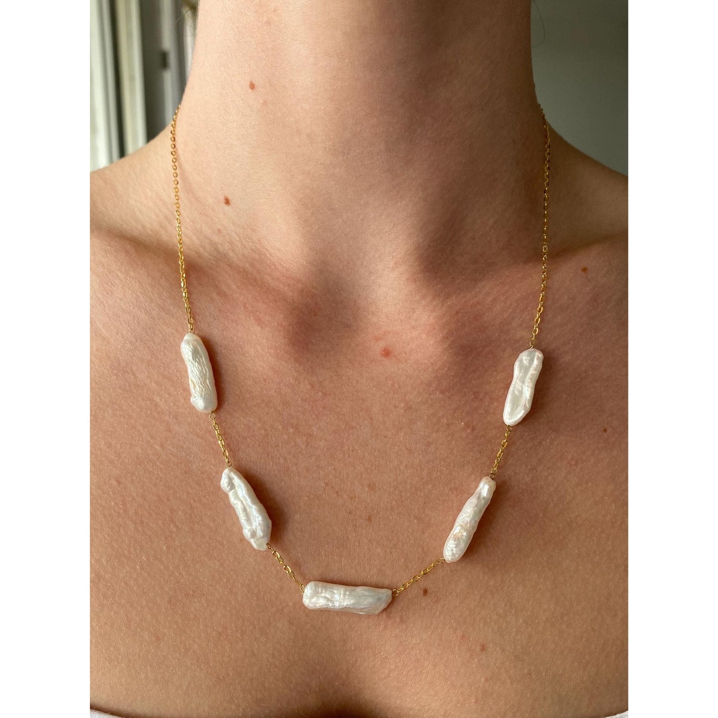 Vintage Solid 14k Yellow Gold Stick Pearl Cable Chain Necklace - 20 inches