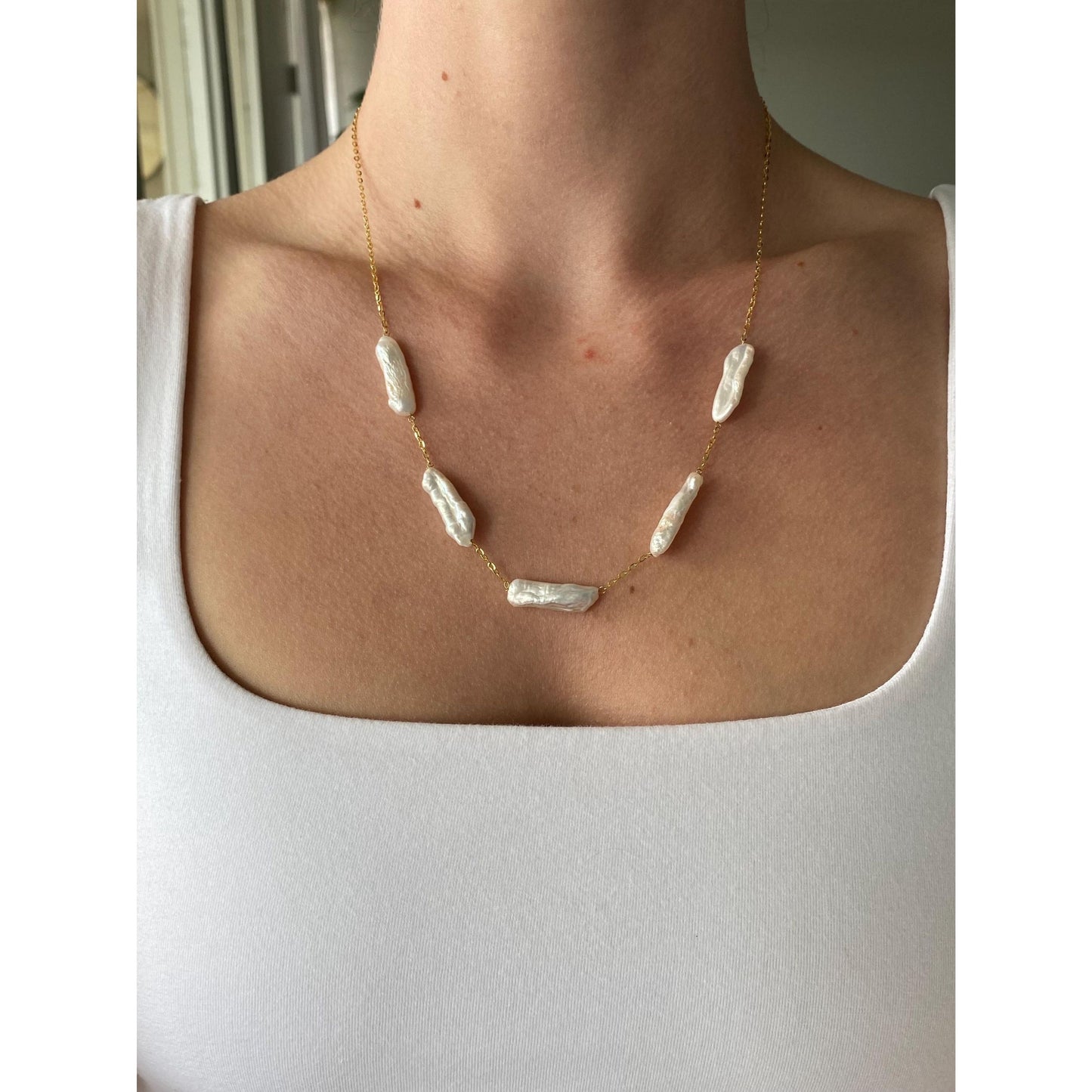 Vintage Solid 14k Yellow Gold Stick Pearl Cable Chain Necklace - 20 inches