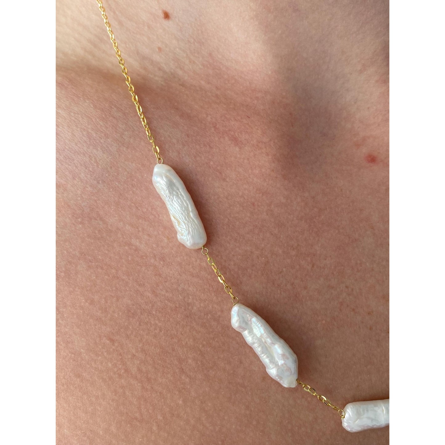 Vintage Solid 14k Yellow Gold Stick Pearl Cable Chain Necklace - 20 inches