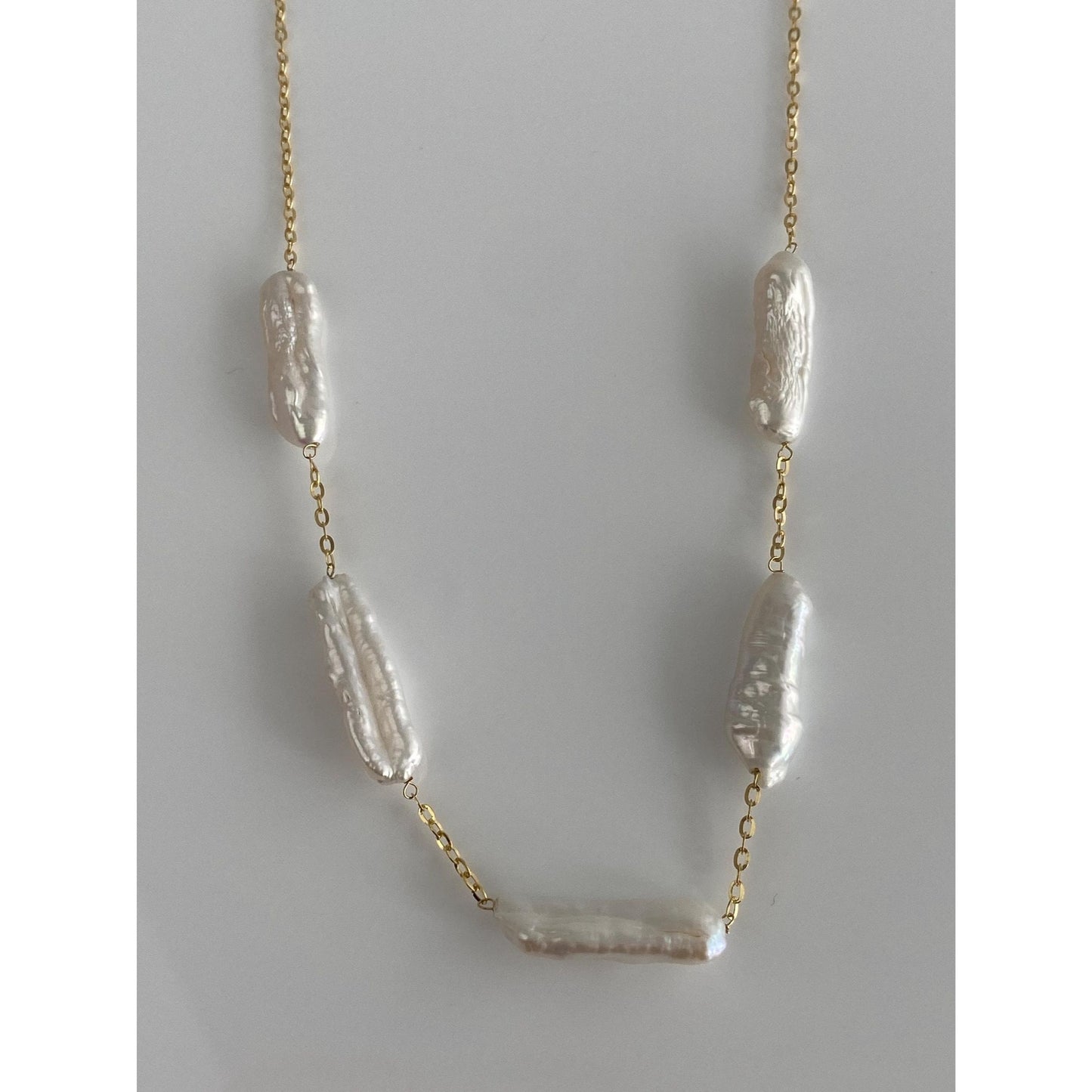 Vintage Solid 14k Yellow Gold Stick Pearl Cable Chain Necklace - 20 inches