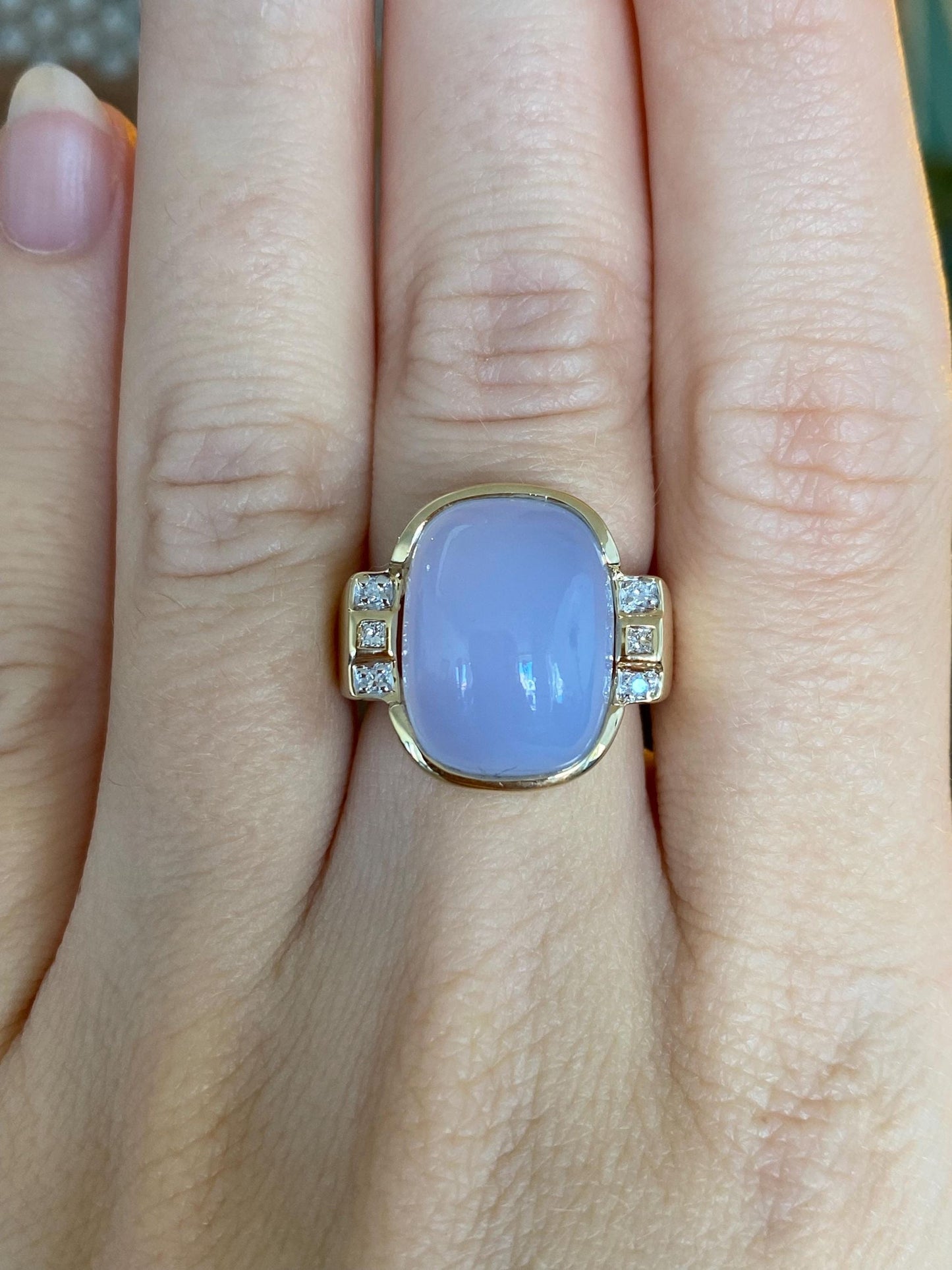 Vintage Solid 14k Yellow Gold Diamonds Light Blue Purple Chalcedony Ring - Size 6