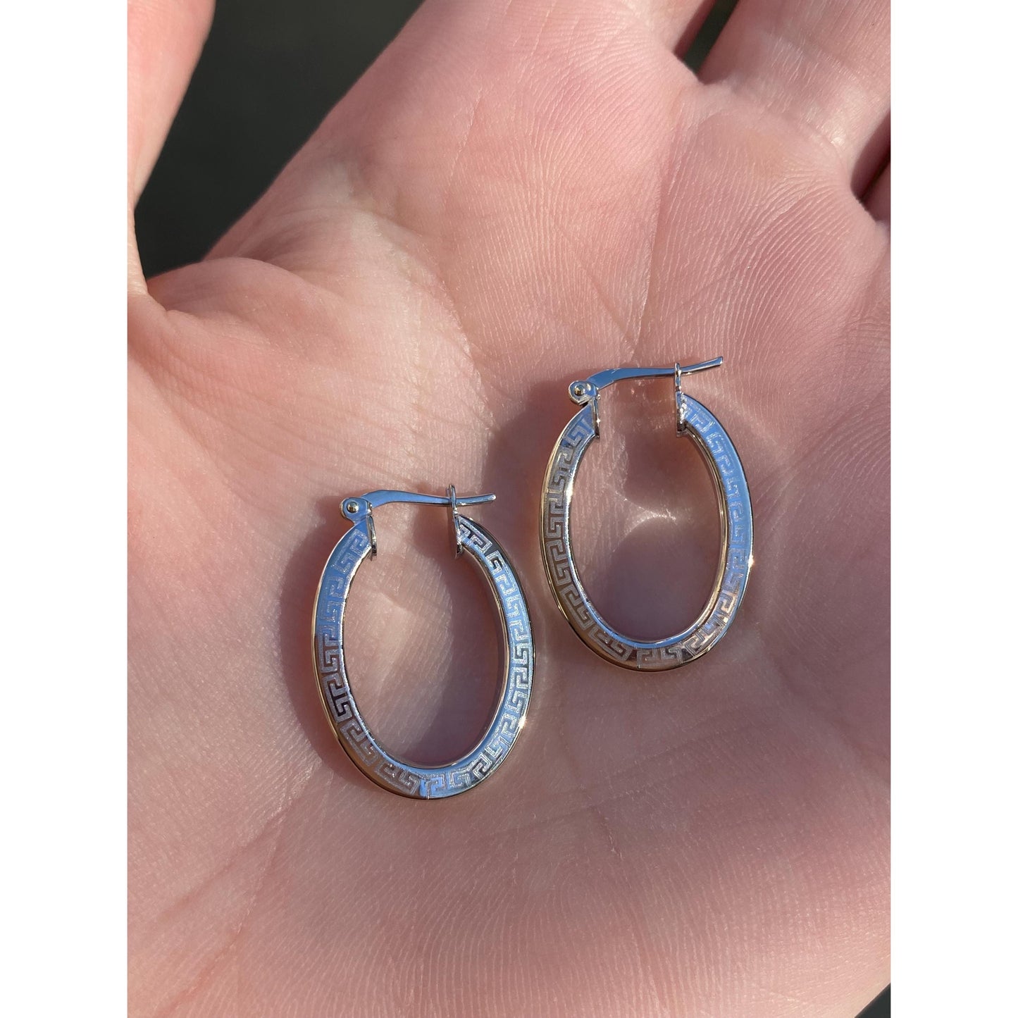 Vintage 14k White Gold Greek Key Oval Hoop Earrings