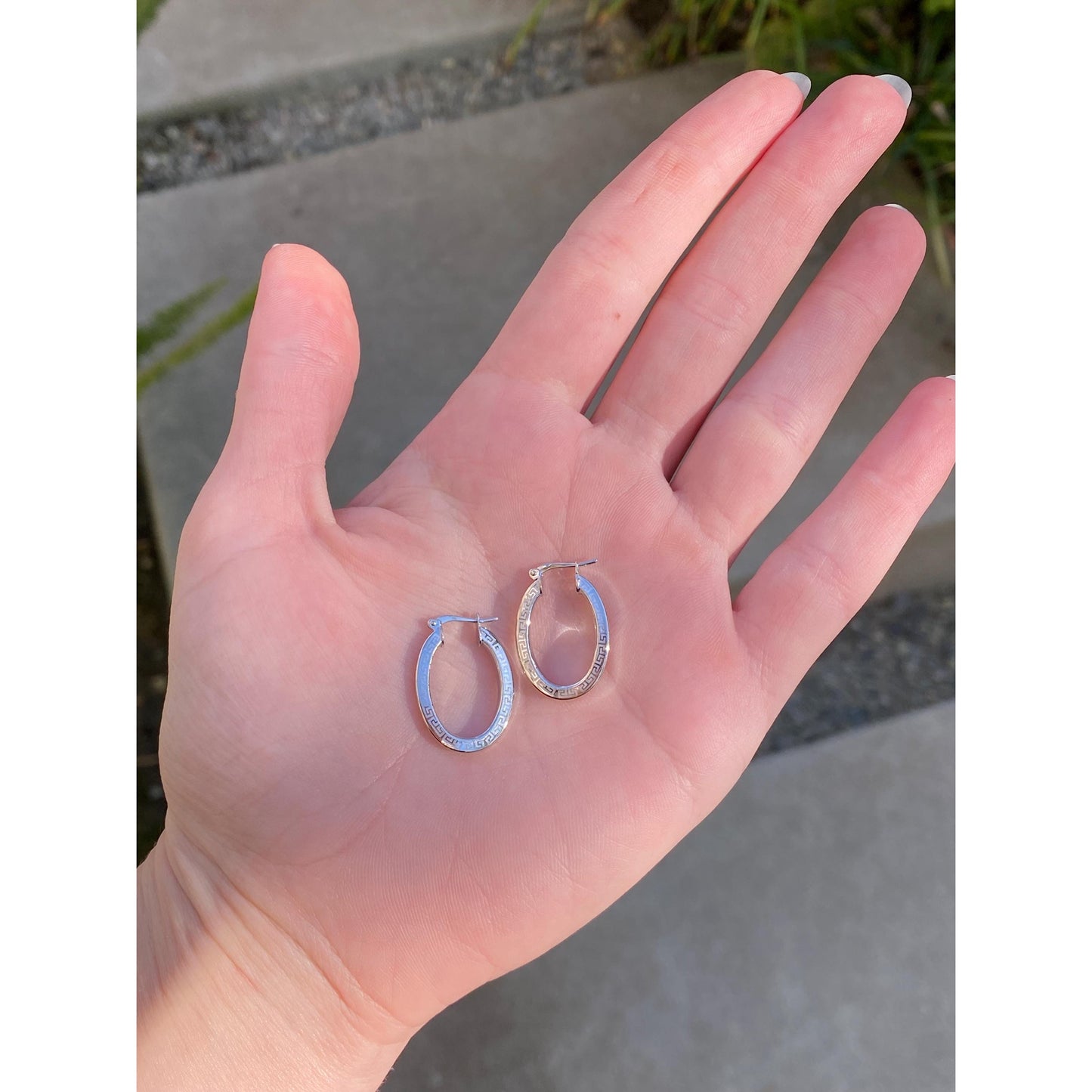 Vintage 14k White Gold Greek Key Oval Hoop Earrings