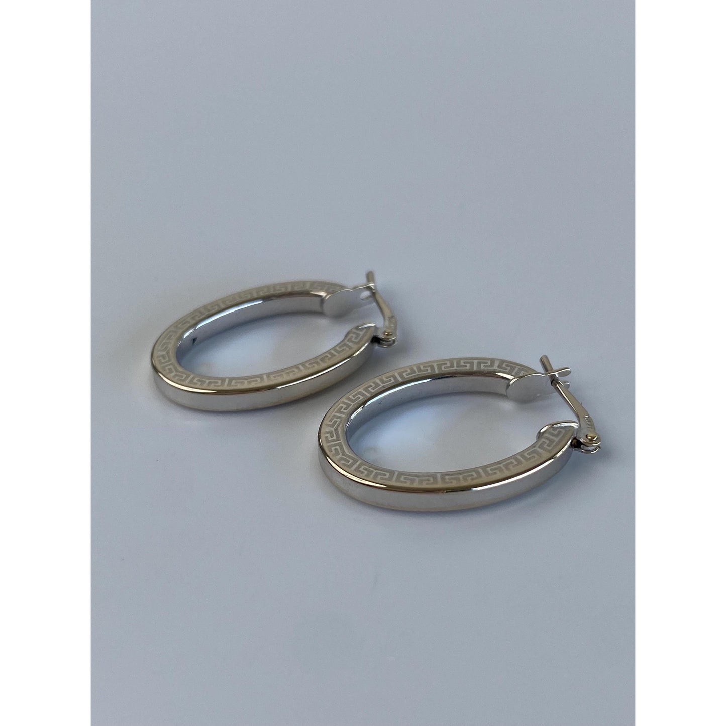Vintage 14k White Gold Greek Key Oval Hoop Earrings