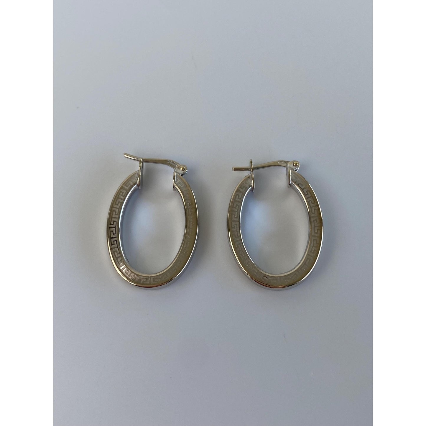 Vintage 14k White Gold Greek Key Oval Hoop Earrings