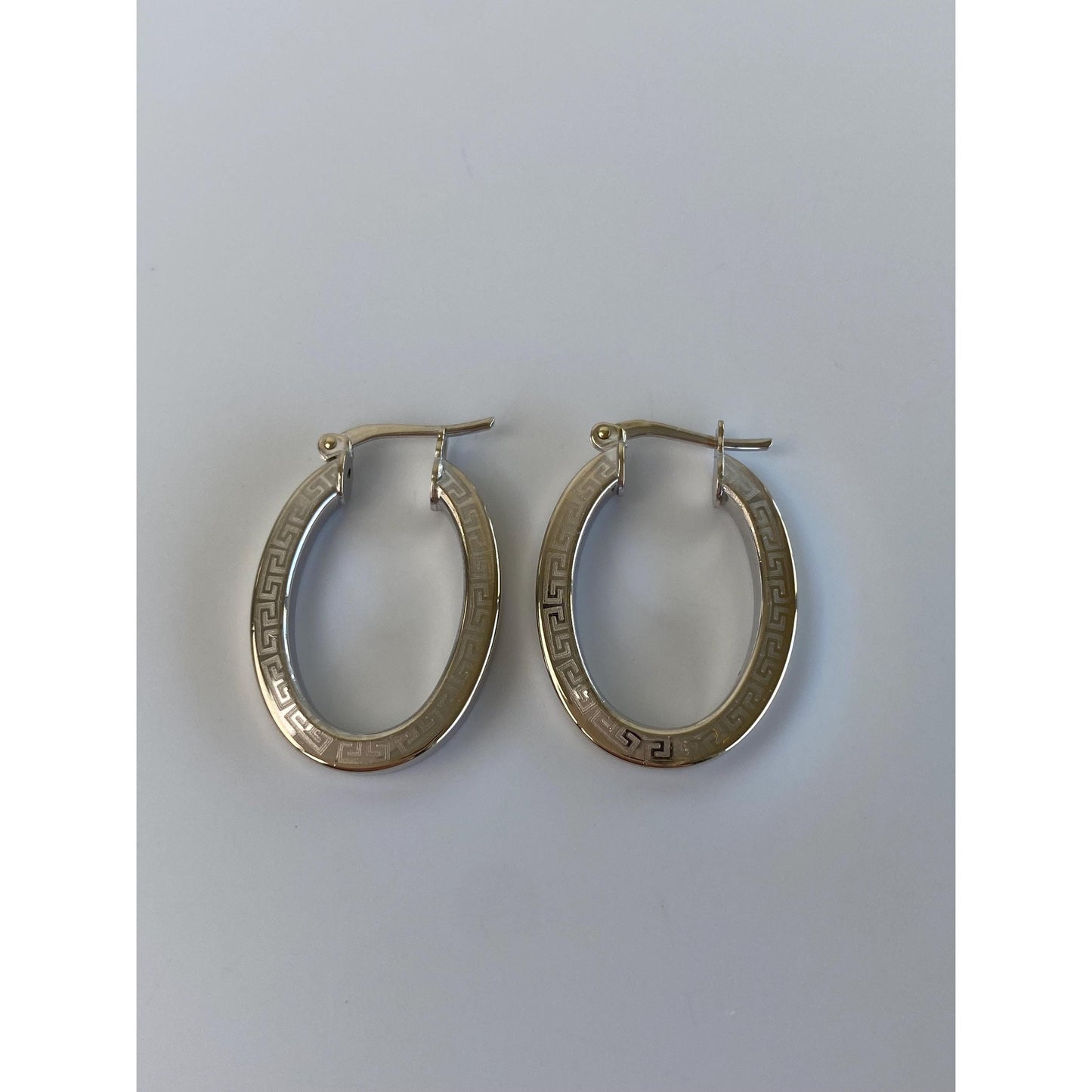 Vintage 14k White Gold Greek Key Oval Hoop Earrings