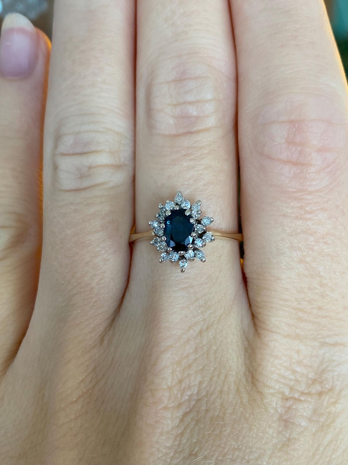 Vintage Solid 10k White & Yellow Gold Diamond Halo Blue Sapphire Ring - Size 7.75