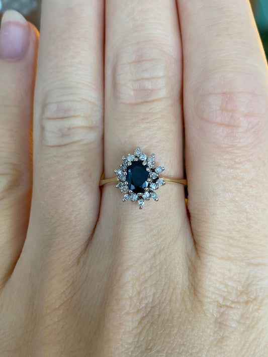 Vintage Solid 10k White & Yellow Gold Diamond Halo Blue Sapphire Ring - Size 7.75