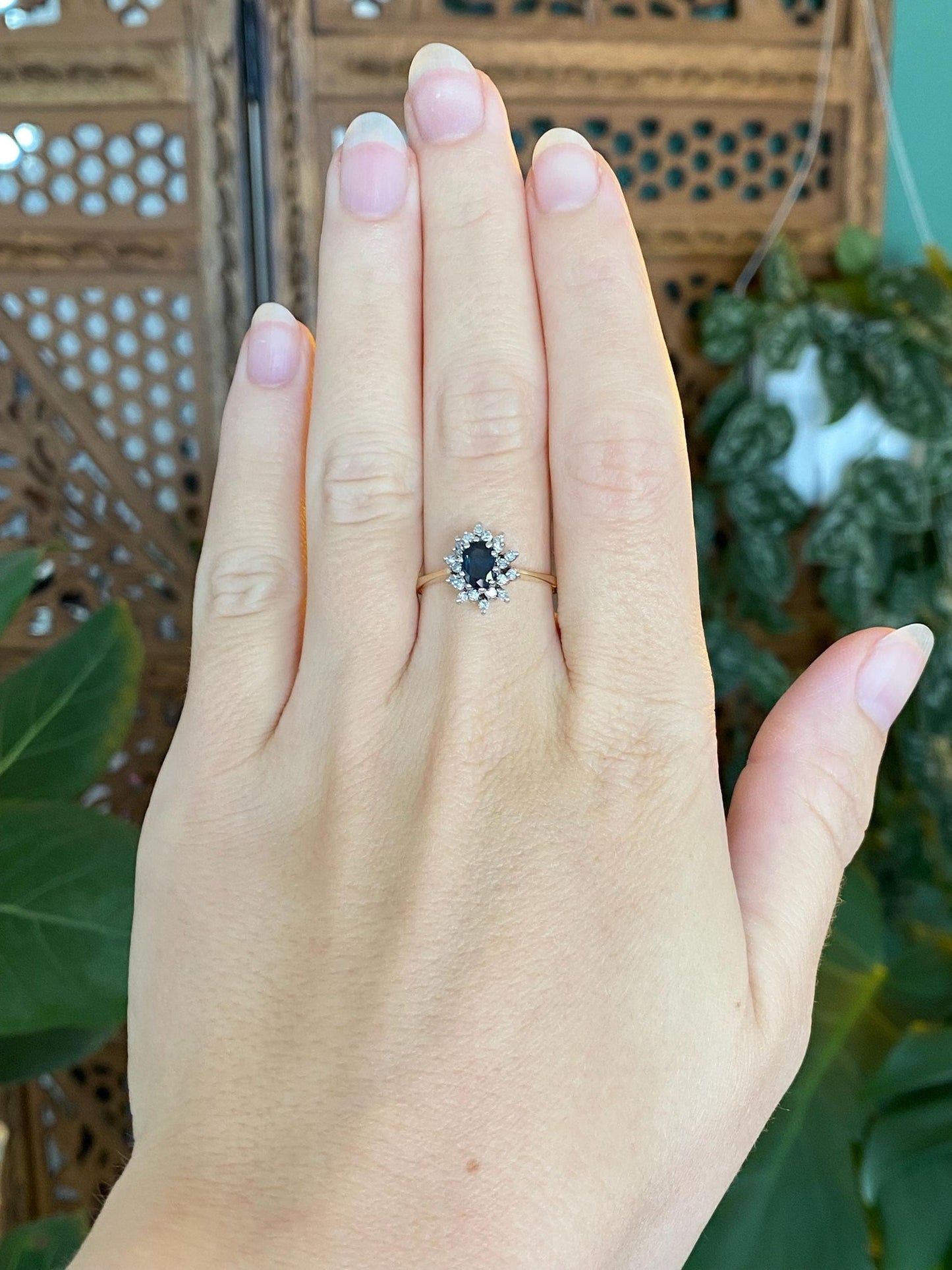 Vintage Solid 10k White & Yellow Gold Diamond Halo Blue Sapphire Ring - Size 7.75