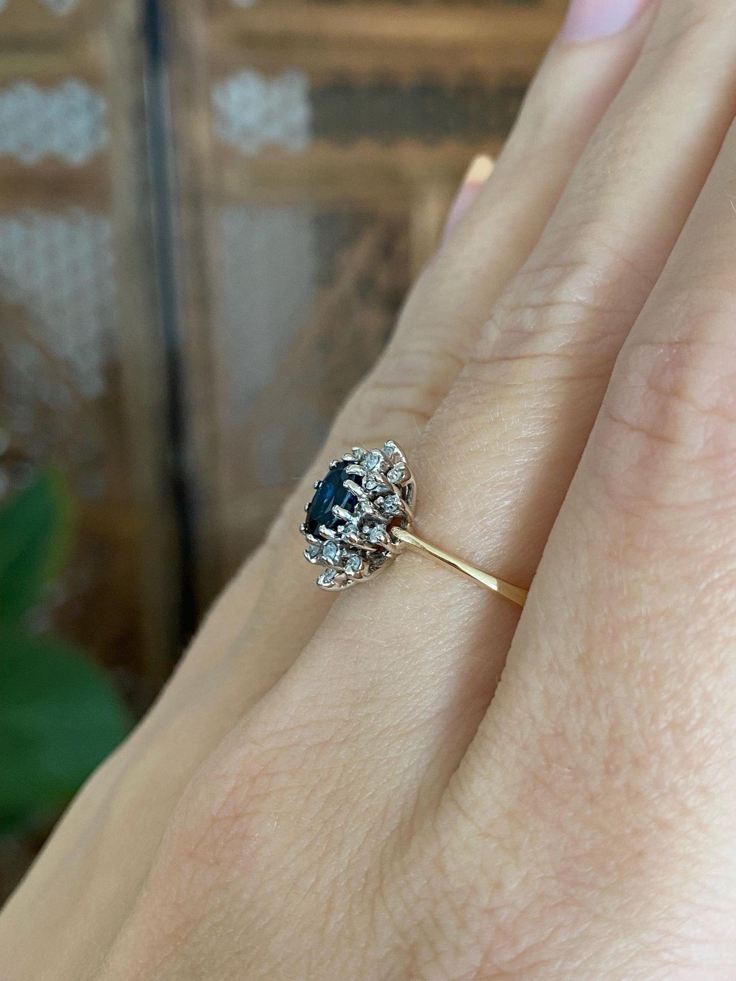 Vintage Solid 10k White & Yellow Gold Diamond Halo Blue Sapphire Ring - Size 7.75