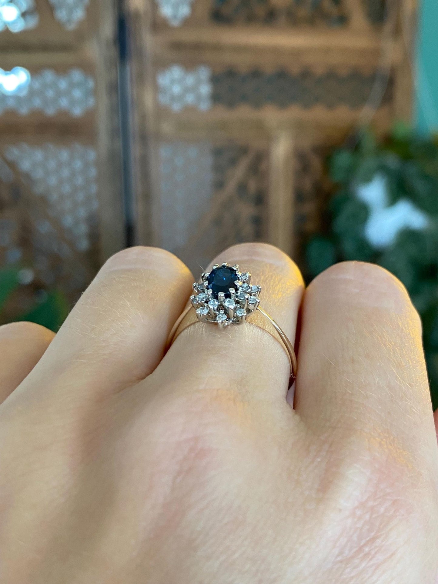 Vintage Solid 10k White & Yellow Gold Diamond Halo Blue Sapphire Ring - Size 7.75