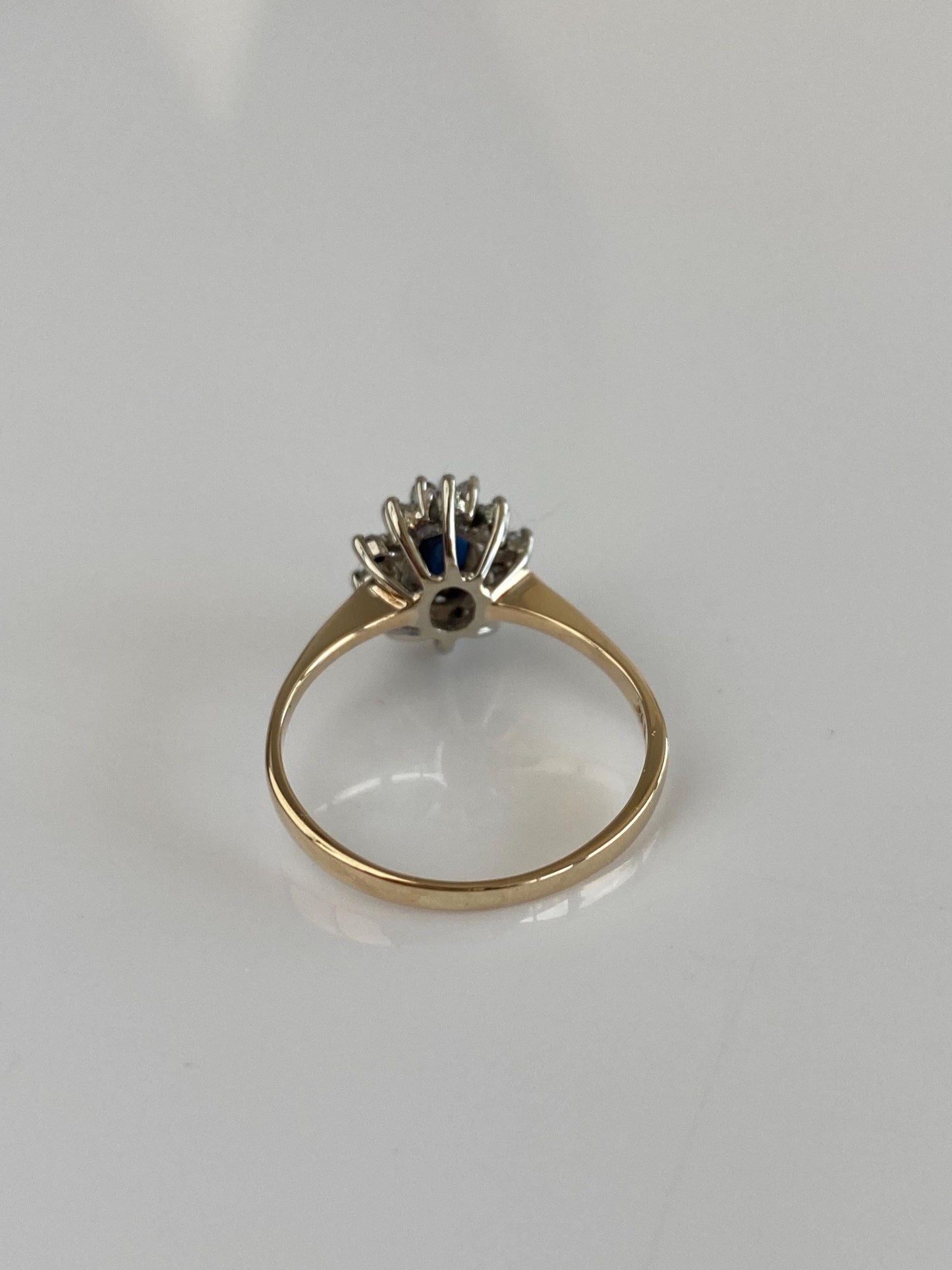 Vintage Solid 10k White & Yellow Gold Diamond Halo Blue Sapphire Ring - Size 7.75