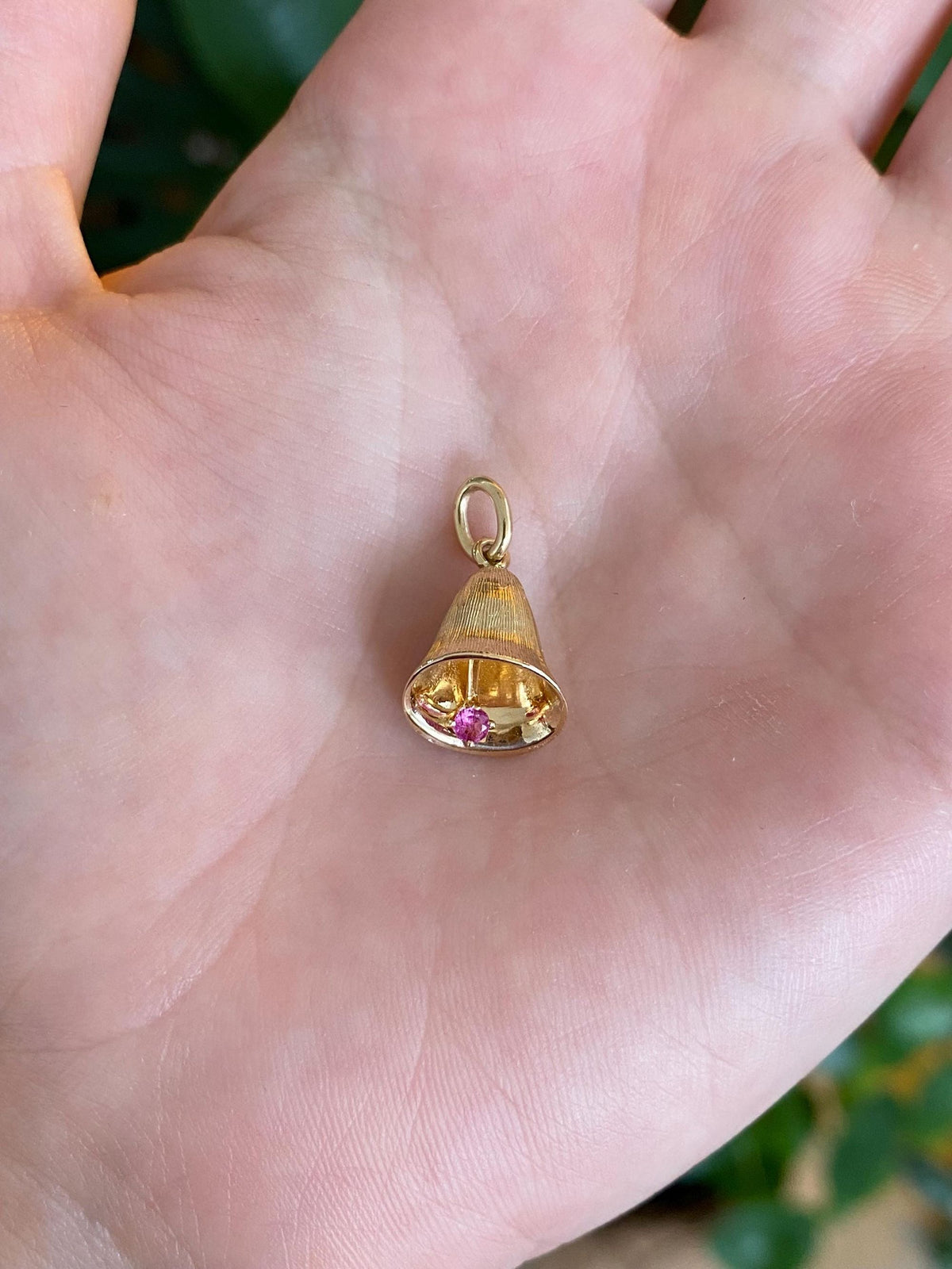 Vintage Solid 14k Yellow Gold Pink Sapphire Bell Charm