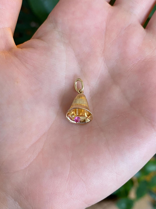 Vintage Solid 14k Yellow Gold Pink Sapphire Bell Charm