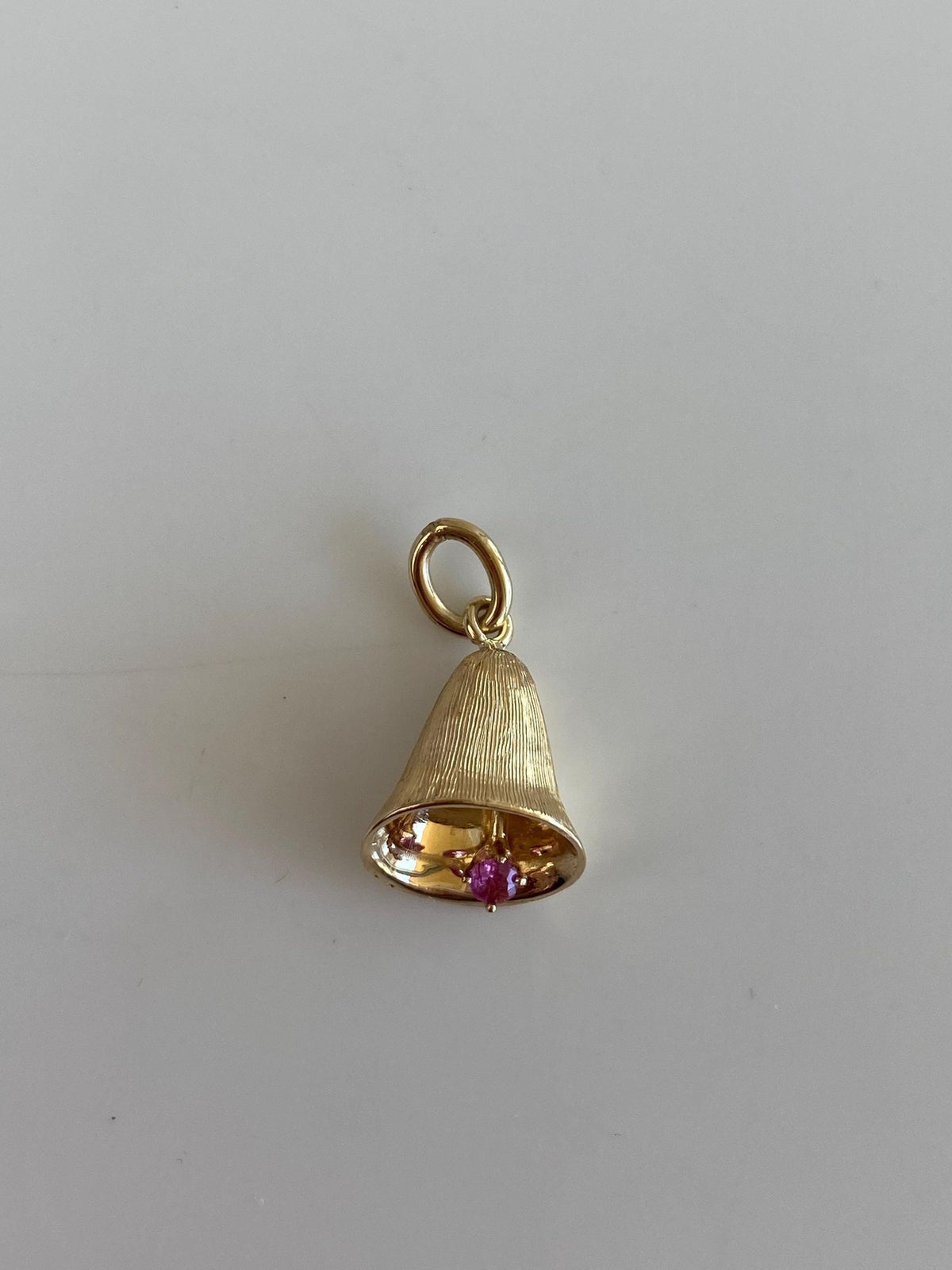 Vintage Solid 14k Yellow Gold Pink Sapphire Bell Charm