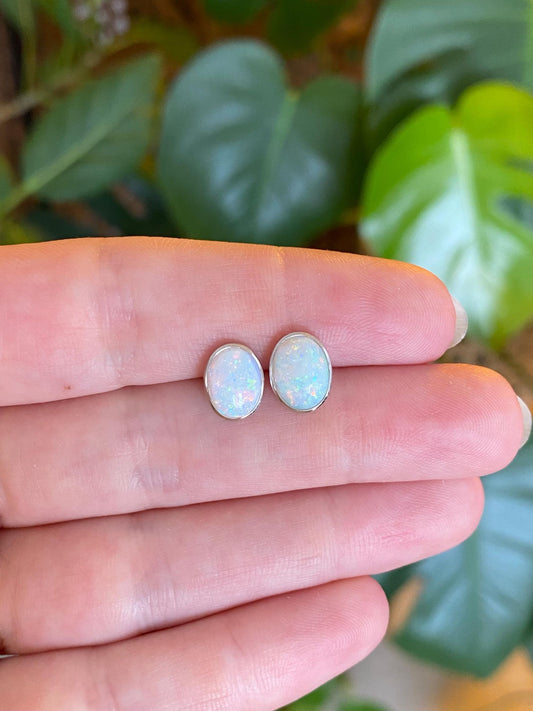 Vintage Solid Platinum Opal w/ 14k White Gold Posts Stud Earrings